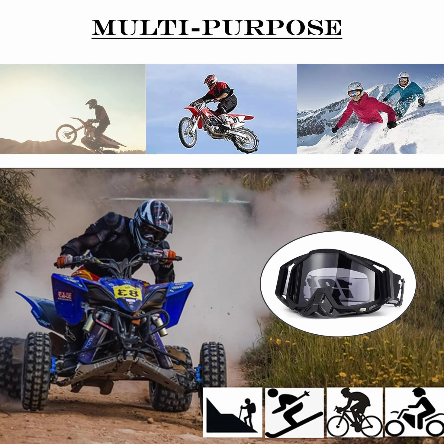 Pyłoszczelne gogle motocyklowe, maska MTB, przezroczysta maska motocrossowa, nadaje się do motocykli, samochodów wyścigowych, wyścigów terenowych, motocykli, rowerów górskich, narciarskich lub