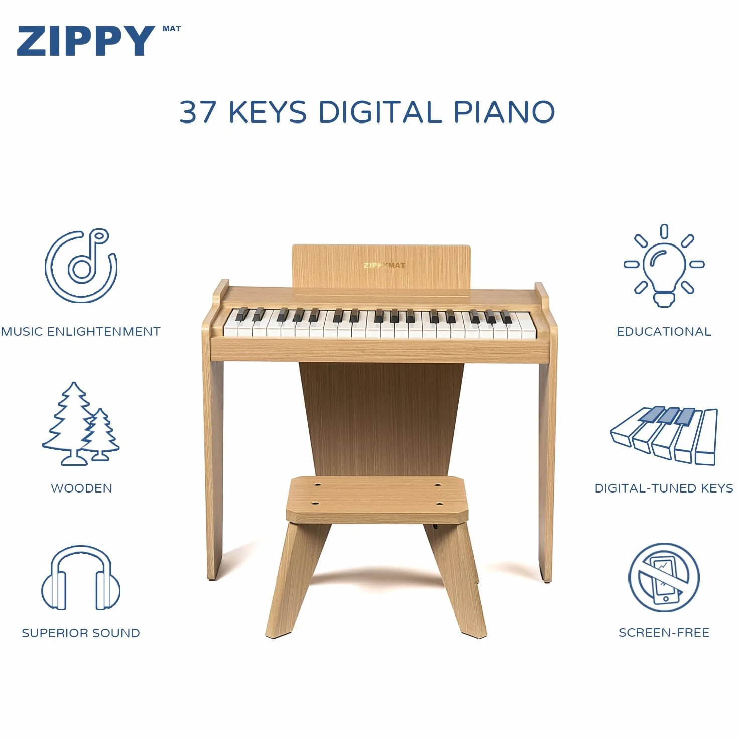 Klawiatura fortepianowa dla dzieci, 37 klawiszy, instrument do nauki muzyki, zabawka, drewniane fortepian, dla 3+ dziewcząt i chłopców (Dąb Basic)