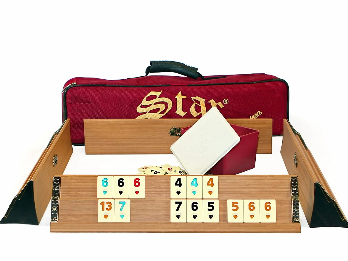Zestaw premium Okey/Rummy – lite drewno, melamina kamienie do zabawy, wyściełana torba do przenoszenia, długopis, 104 kamienie + 2 jokery + kostki (jasne)