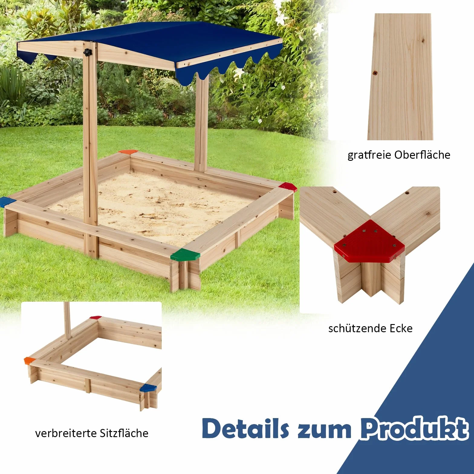 COSTWAY Piaskownica z drewna cedrowego, piaskownica z ruchomym dachem o regulowanej wysokości, duża piaskownica 120 x 120 cm, bezdna, wysokość siedziska 19 cm