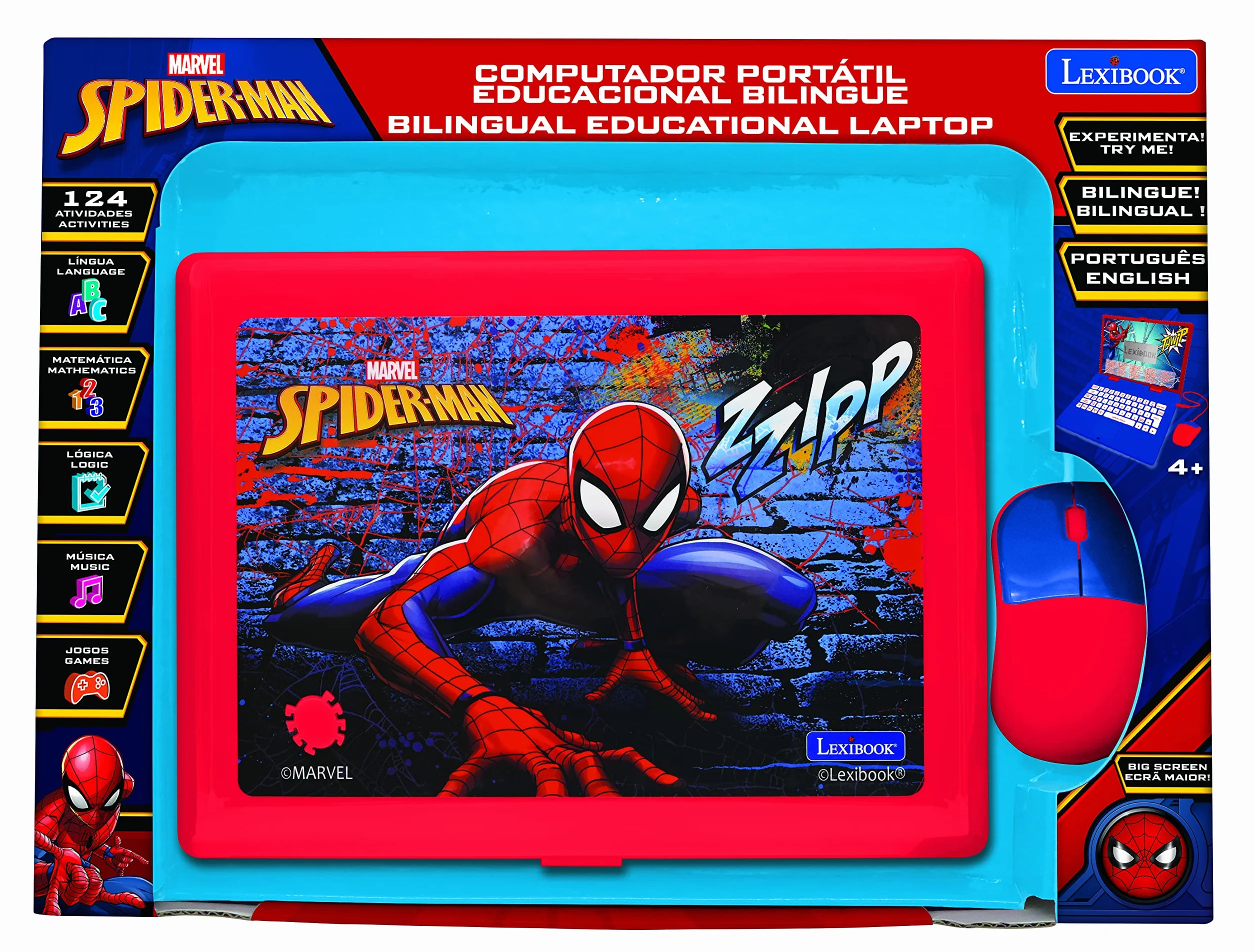 Lexibook, Spider-Man, Portugalski, Angielski Laptop Edukacyjny i Dwujęzyczny, Zabawka z 124 Zajęciami do Nauki, Zabawy i Muzyki, Niebieski, Czerwony, JC598SPi4