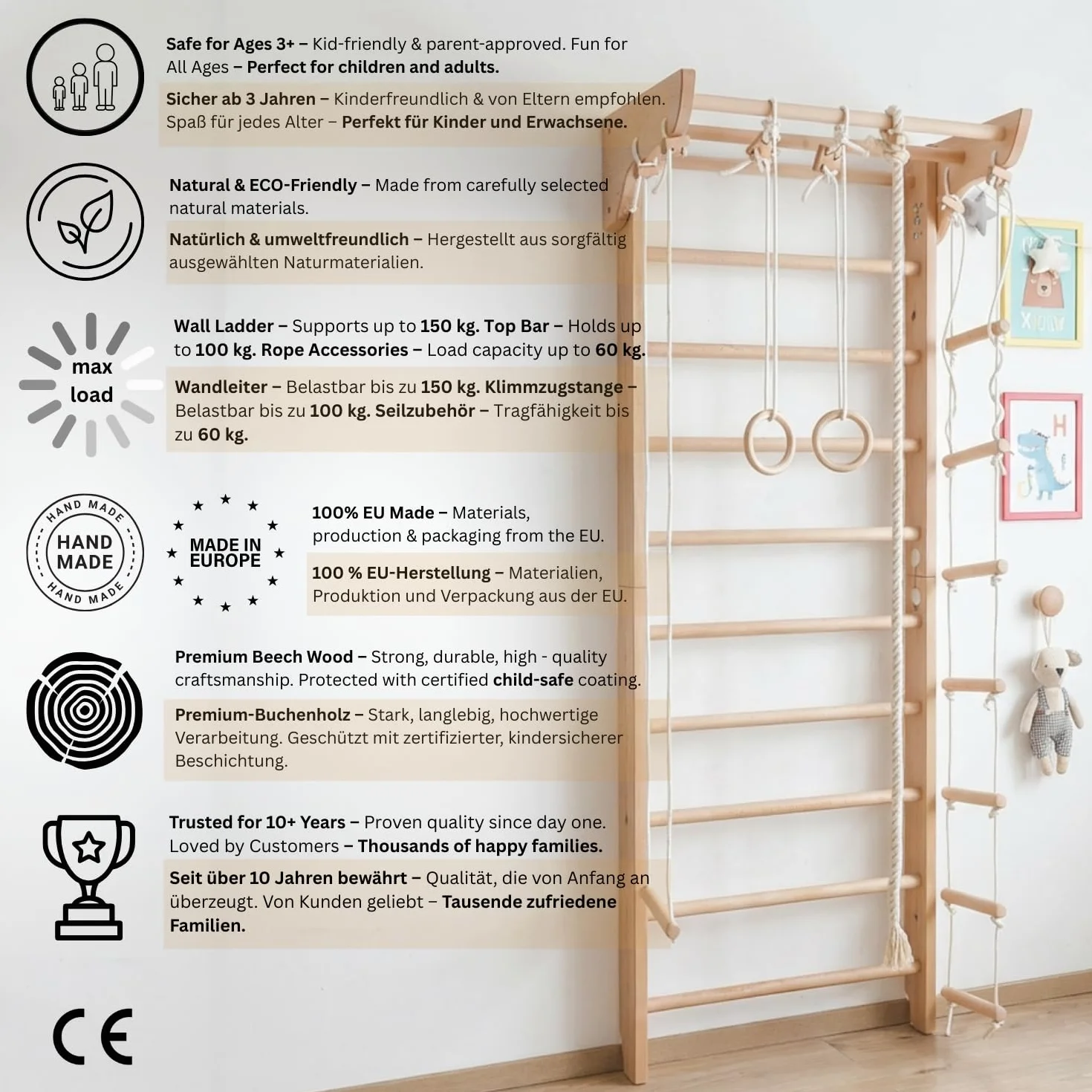 Ściana gimnastyczna drewniana "Kinder-2-240" – Wooden Swedish Ladder for Kids and Adults, Wall Bar, Drabinka Gimnastyczna do Home Gym i Kids Room, Sprzęt Gymnastic