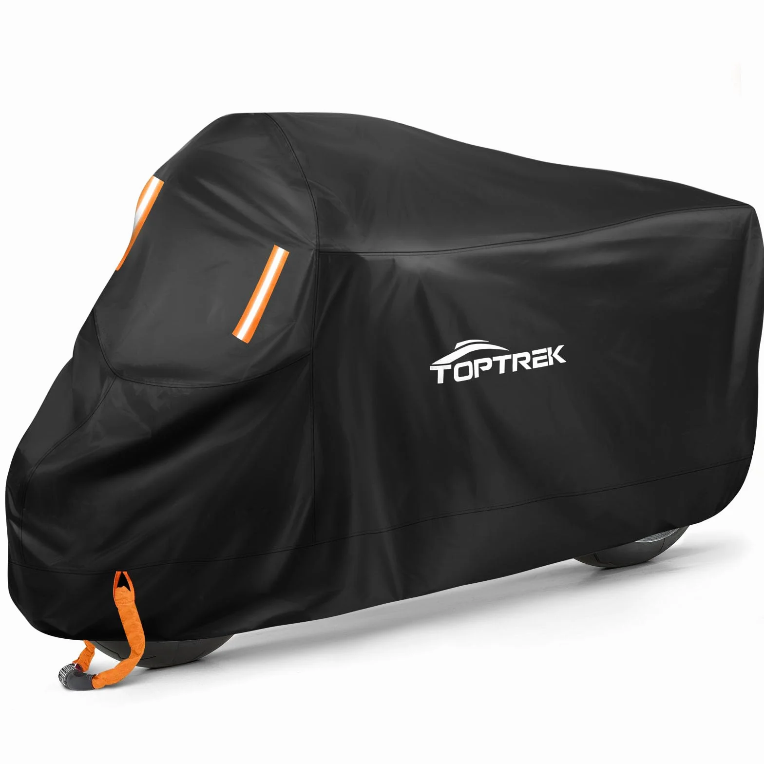 toptrek Pokrowiec na motocykl z taśmą ze szwem, plandeka na motocykl 210D Oxford, wodoszczelna, oddychająca, do użytku na zewnątrz, czarna (265 x 105 x 125 cm)