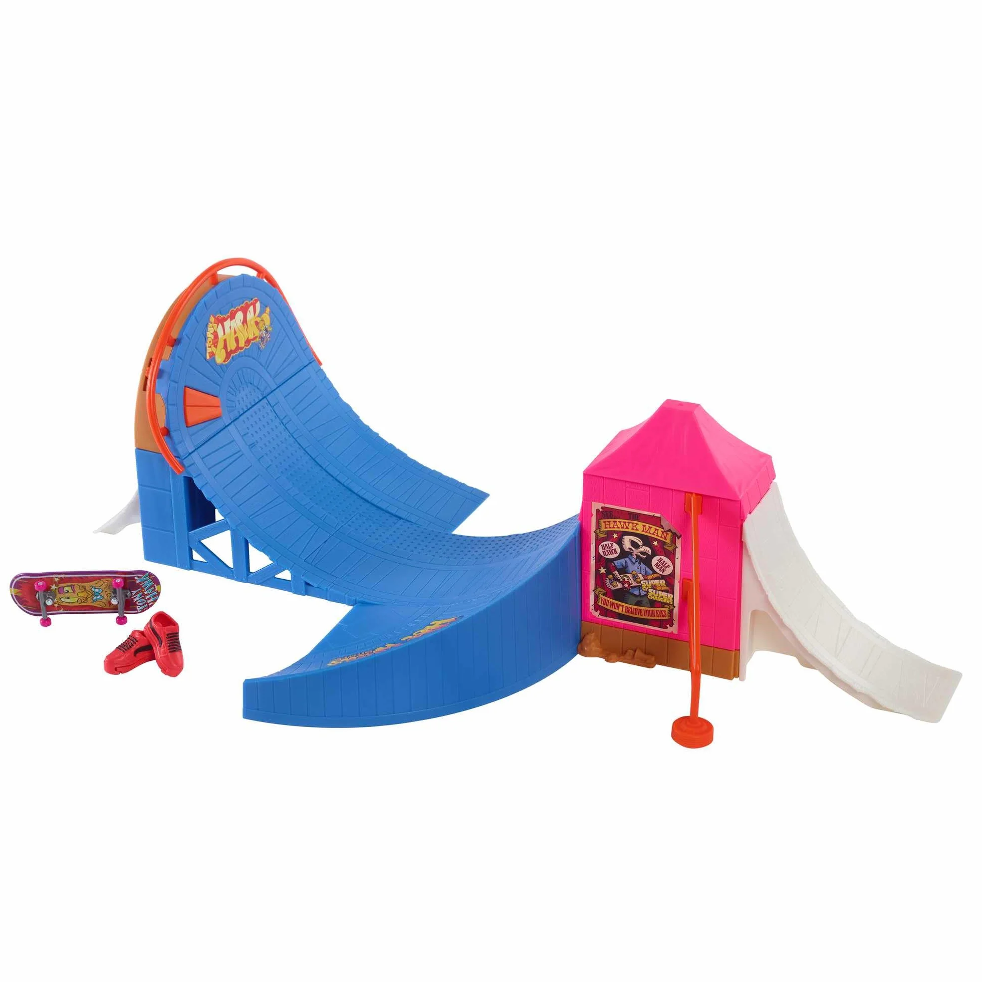 Hot Wheels Skate Skatepark Wesołe miasteczko Zestaw z 1 wyjątkową deskorolką od Tony’ego Hawka do jazdy palcami i 1 parą butów deskorolkowych, zabawka dla dzieci, HGT95