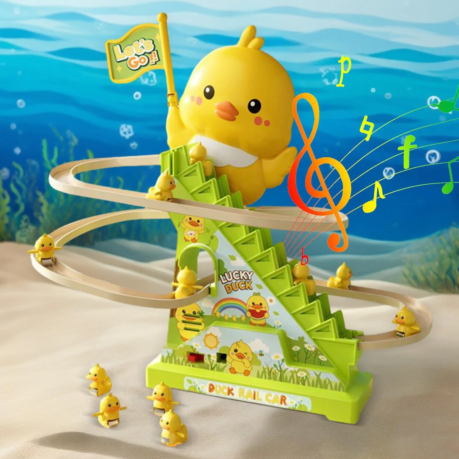 Duck Climbing Stairs Toy - Musical Rolling Game for Kids Entertainment | ABS Track Set with Moving Stair Conveyor, Light Up Duck Figures, Interactive Activity Toy for Playroom Fun