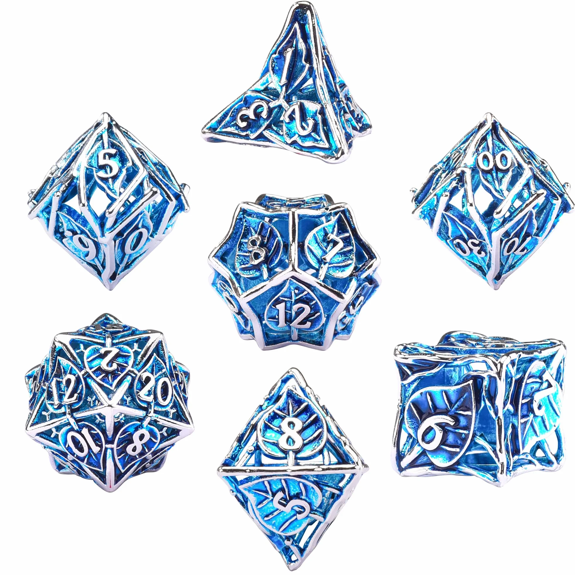 SIQUK 7 sztuk DND zestaw kostek, metalowe wielościenne puste kostka do gry, lochy i smoki, do D&D, MTG, RPG (niebieskie i srebrne)