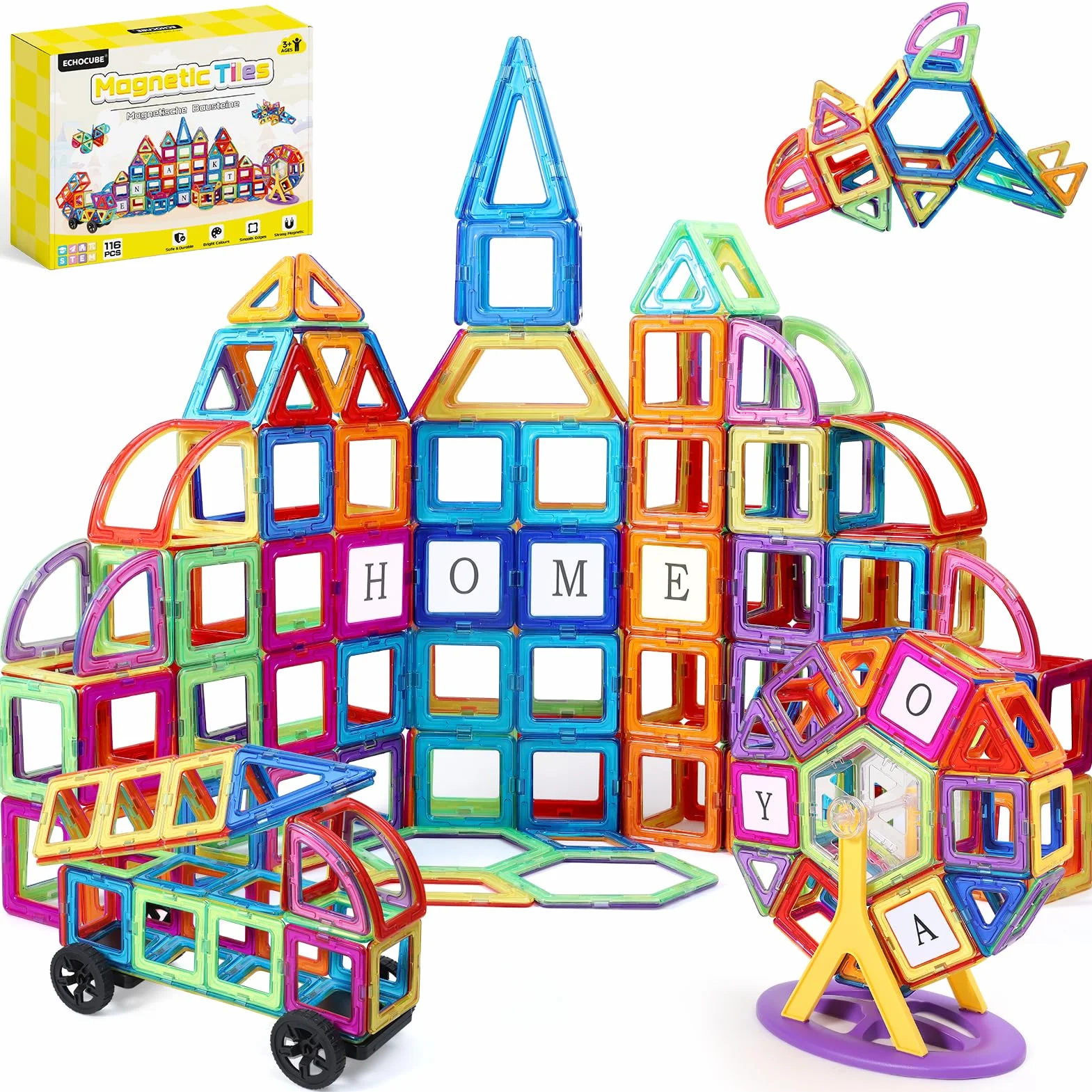 Zestaw magnetycznych płytek dla dzieci 116PC - płytki konstrukcyjne, zabawki budowlane STEM, edukacyjne klocki magnetyczne dla dzieci, chłopców i dziewcząt