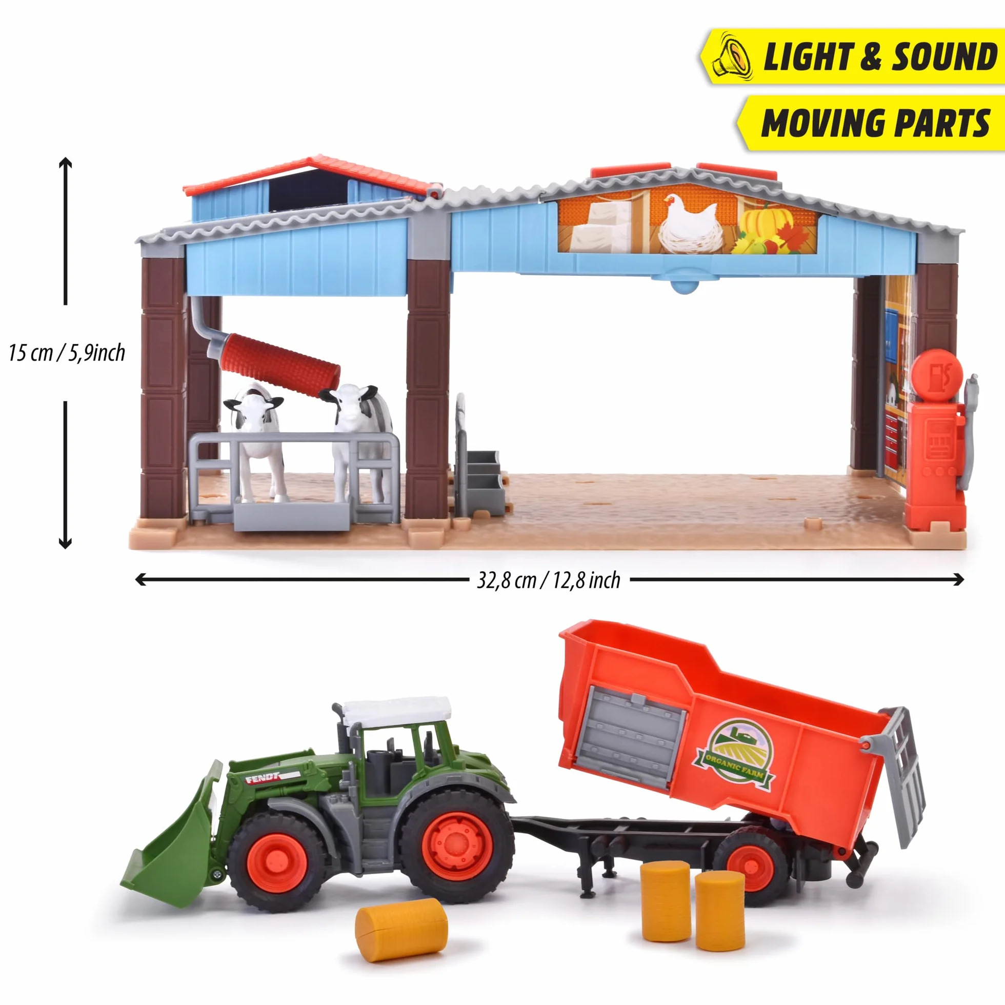 Dickie Toys 203735003 Stacja farma gospodarcza z traktorem i figurki; światło i dźwięk; ciągnik z przyczepą i krowami; zabawa w rolnika; wymiary: 17x30x15 cm; prezent dla dzieci od 3 lat