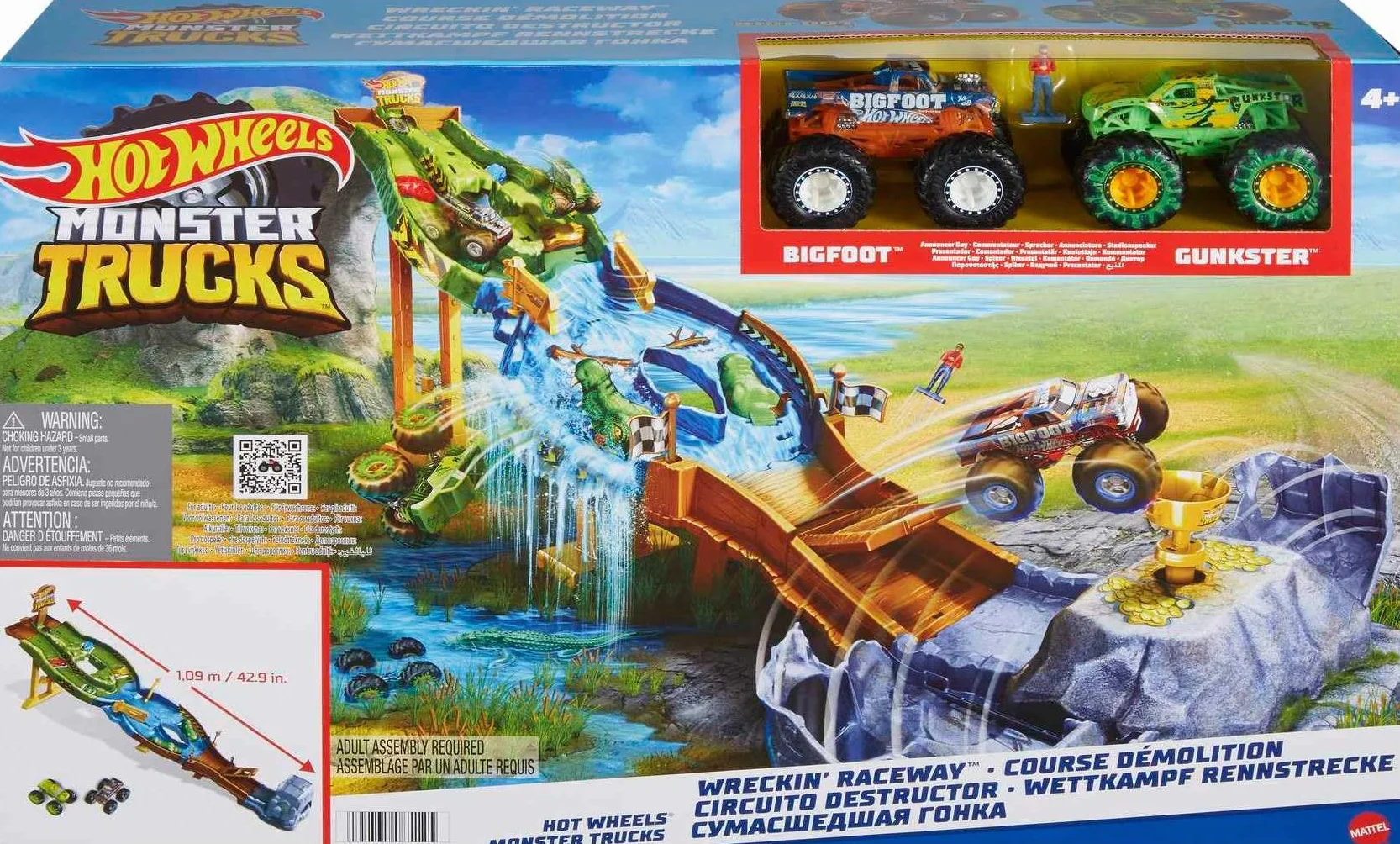 Hot Wheels Monster Trucks Tor wyścigowy Turniej Tytanów Zestaw z pojazdami Bigfoot i Gunkster do rywalizacji, zabawka dla dzieci od 4 roku życia, HJG32