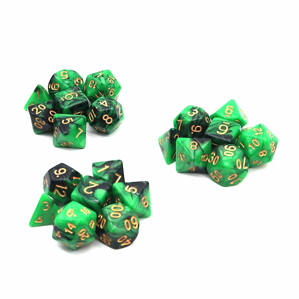 DollaTek Zestaw ko?ci wielo?ciennych, gry sto?owe, 3 zestawy ko?ci 3 x 7 (21 sztuk), seria matryc, D20, D12, D10, D8, D6, D4, DND, DND, RPG, MTG, podwójne kolory, jednocz??ciowe (czarno-zielone)