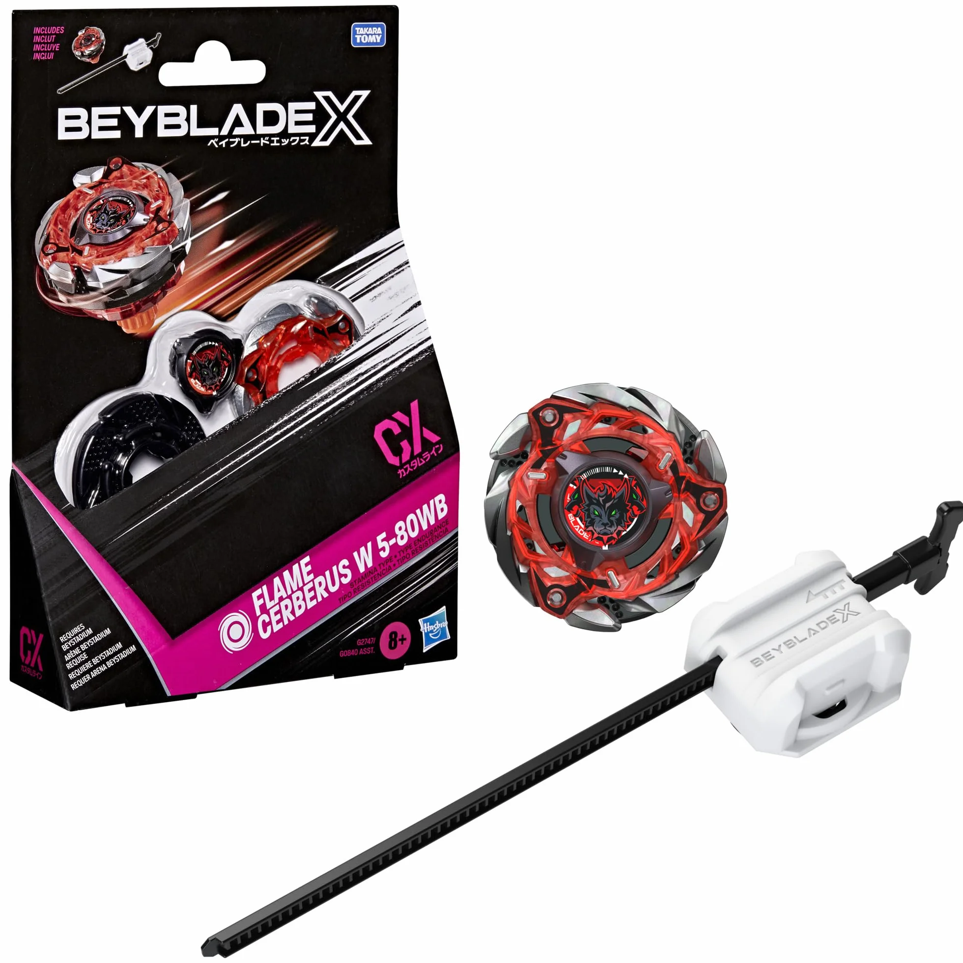 Pakiet startowy Beyblade X Flame Cerberus W 5-80WB CX, bączek i wyrzutnia