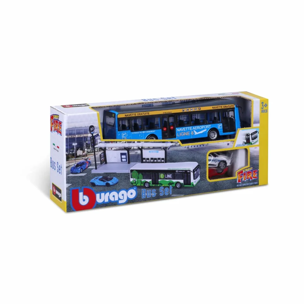 BBURAGO 1/64 PUBLICZNY TRANSPORT - Playset City Bus + Stacja + 2 pojazdy -, Niebieski lub Zielony