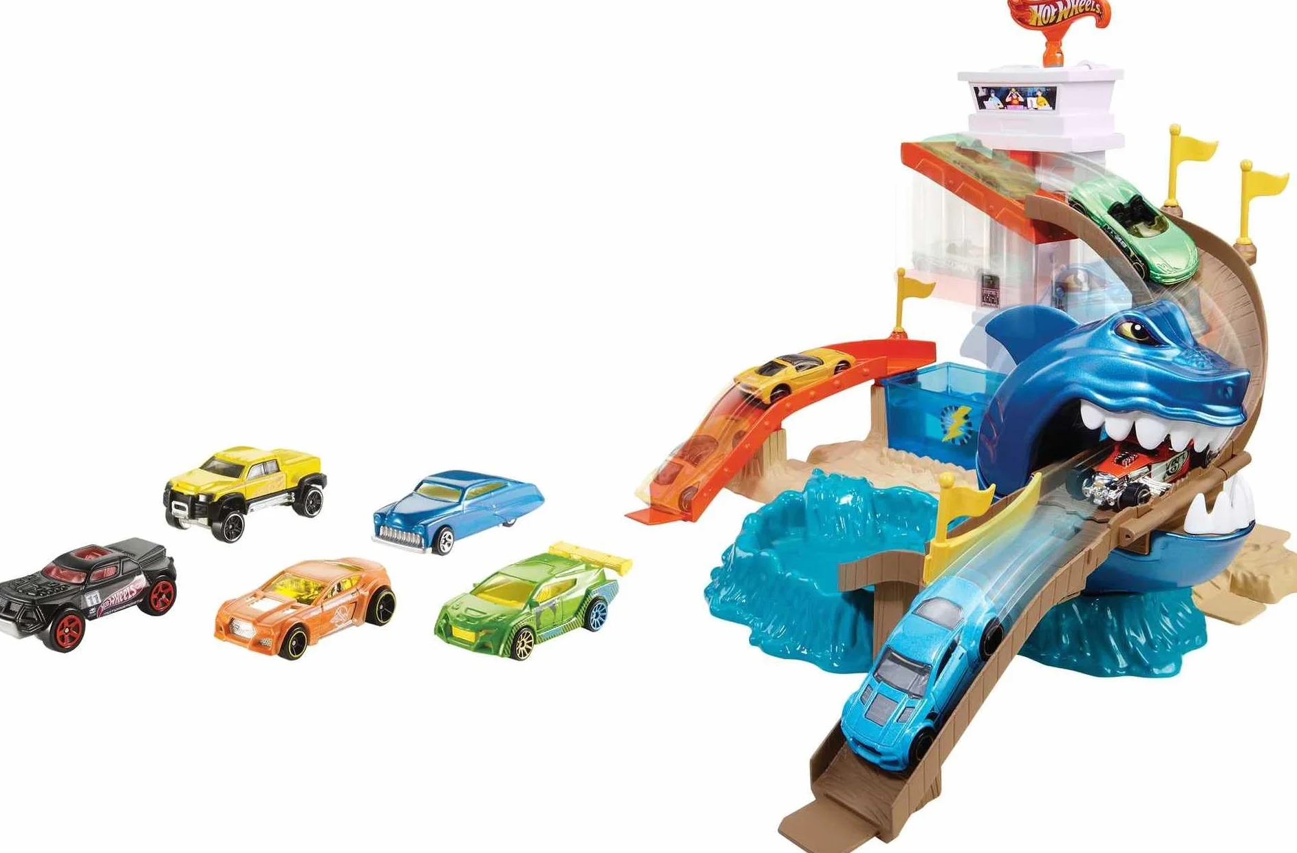 Hot Wheels Tor Starcie z rekinem Zestaw do zabawy z motywem rekina, zawiera samochód-resorak, zabawka dla dzieci od 4 lat, BGK04