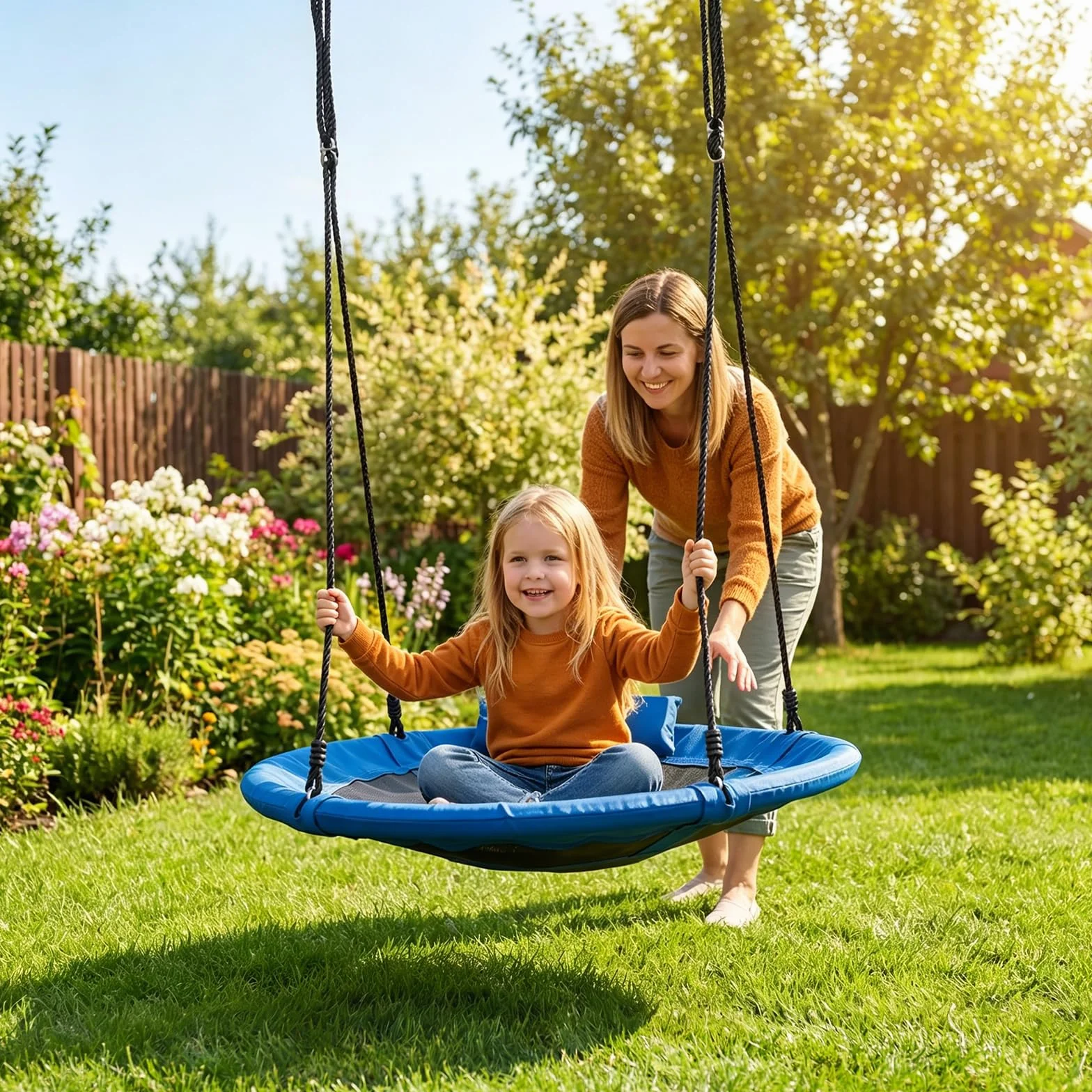 COSTWAY Huśtawka gniazdowa z poduszkami i uchwytami, huśtawka dziecięca z linką o regulowanej wysokości 100-180 cm, obciążenie do 150 kg, dla dzieci i dorosłych, do użytku wewnątrz i na zewnątrz