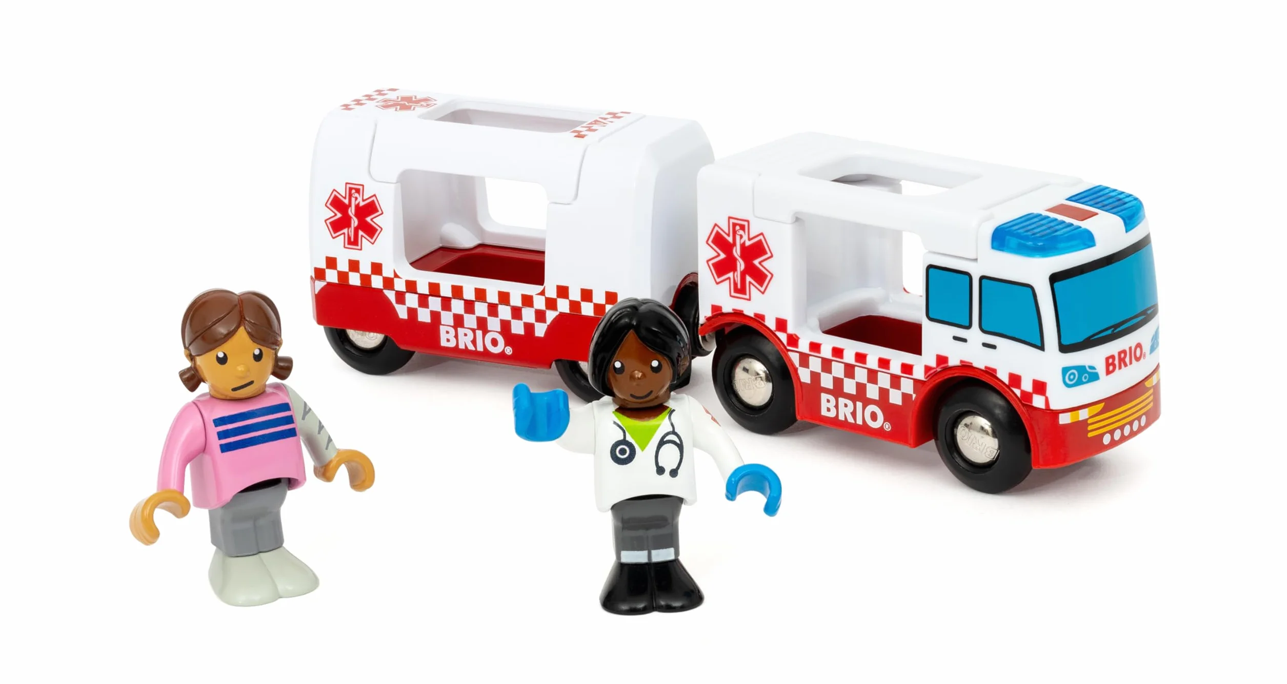 BRIO World Rescue zabawka pogotowia ratunkowego dla małych dzieci i dzieci w wieku od 3 lat, drewniany zestaw kolejowy, akcesoria i dodatki