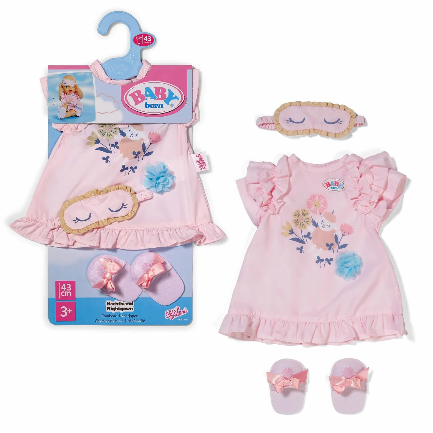 BABY born Koszula nocna z maską do spania i kapciami dla lalek 43 cm, 838761 Zapf Creation