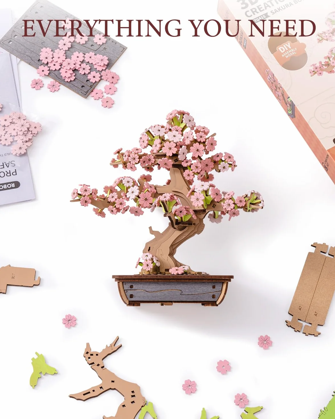 Rolife Puzzle 3D, sakura i wiecznie zielona sosna, bonsai, drewniane puzzle, zestawy modelarskie dla dorosłych do budowania, dekoracja domu, kreatywny prezent dla dorosłych i dzieci (Sakura Bonsai)