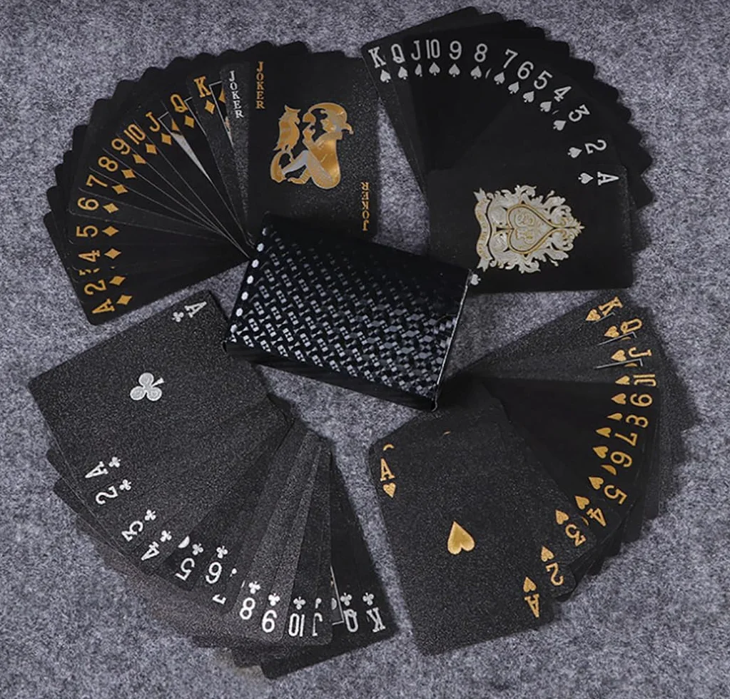 Shirene Black Foil Poker, 2 szt. fajnych czarnych kart do gry, wodoodporne, plastikowe, nowość, karty do pokera, zestaw 54 wykwintnych czarnych kart do gry w pokera z folią, do interakcji rodzinnych