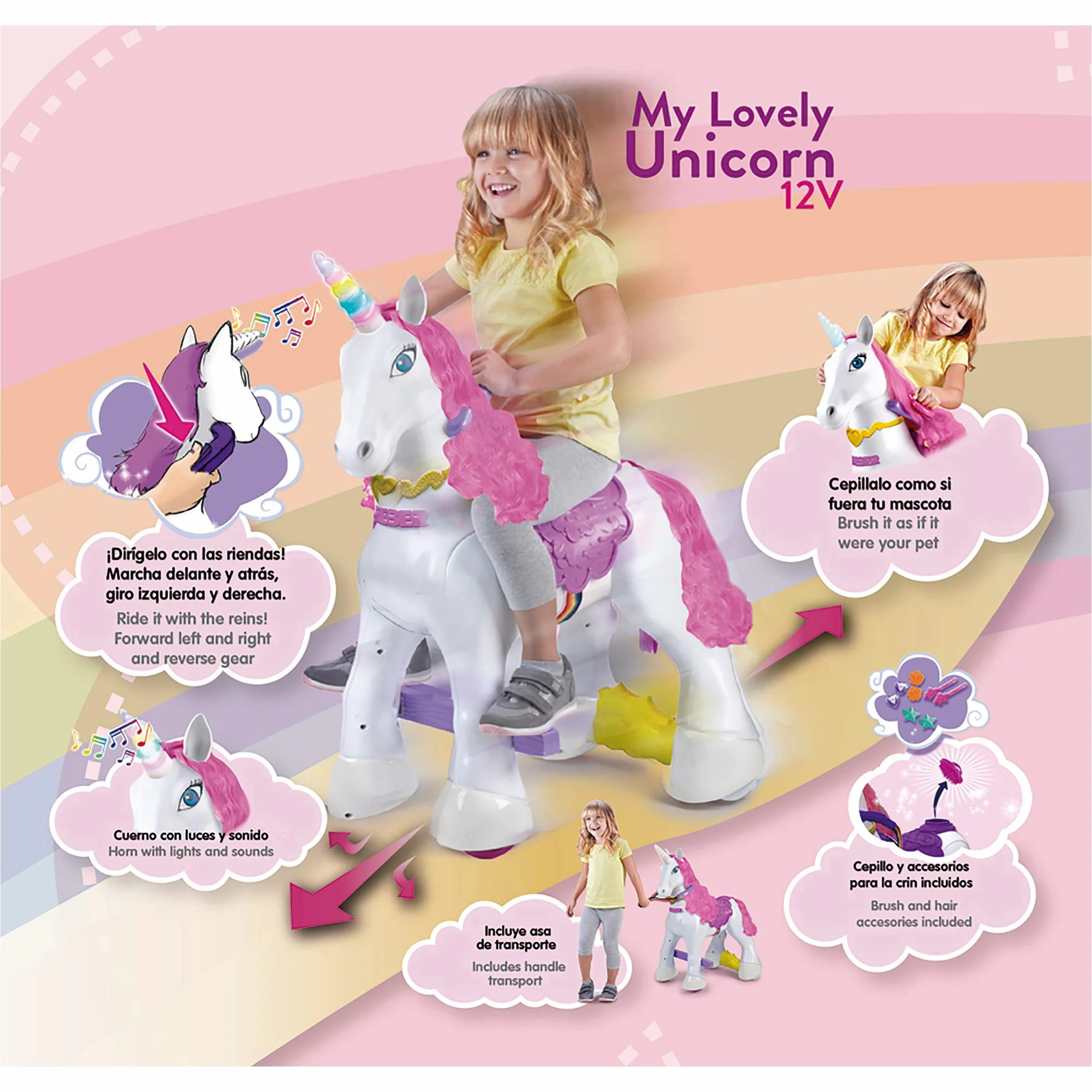 FEBER - My Lovely Unicorn z różową grzywką, elektronicznym zwierzakiem i pojazdem akumulatorowym 12 V (Famosa 800011603)