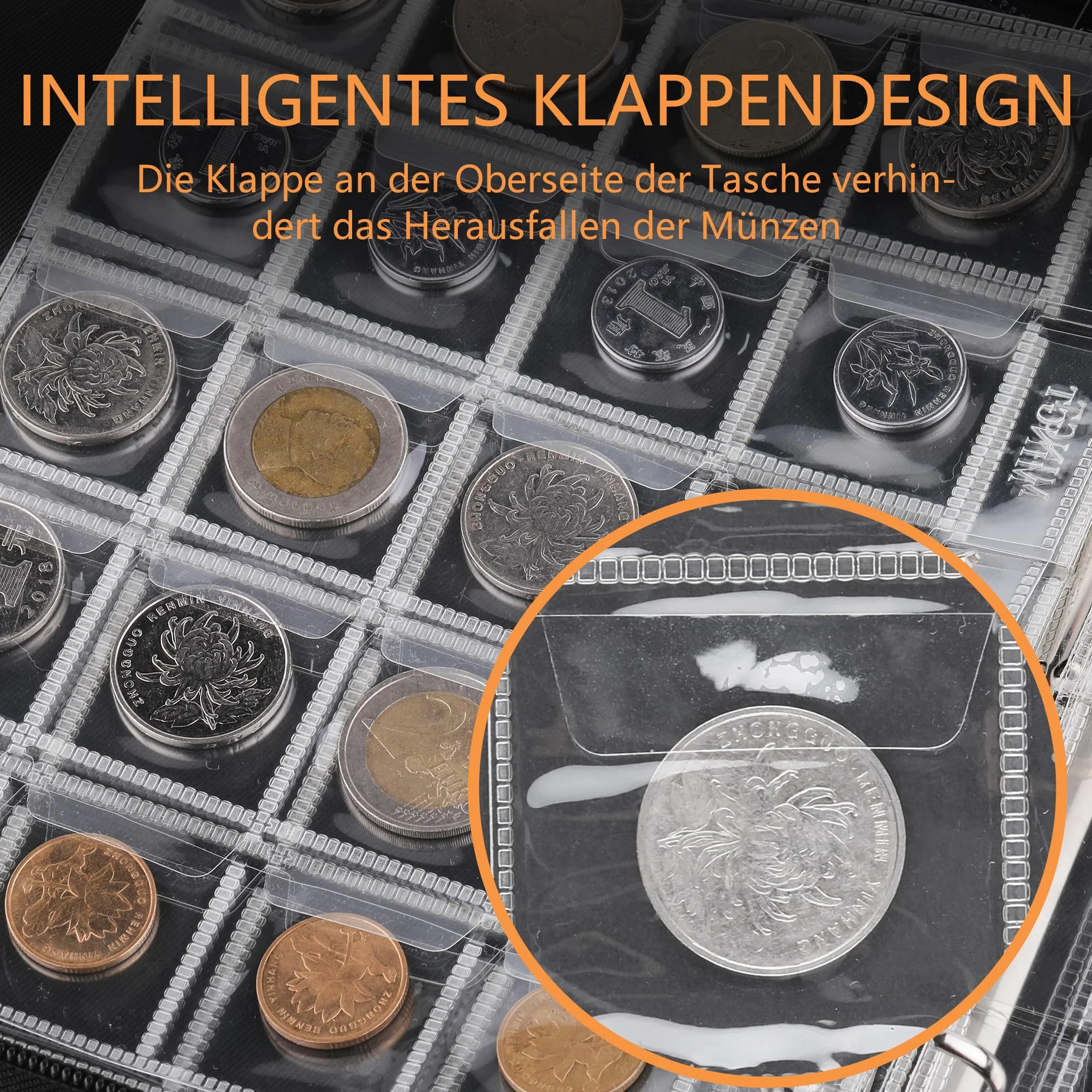JUNDUN Ognioodporny album kolekcjonerski na monety dla kolekcjonerów, 260 kieszeni, książka kolekcjonerska monet z zamkiem błyskawicznym, organizer do przechowywania monet, pudełko do przechowywania