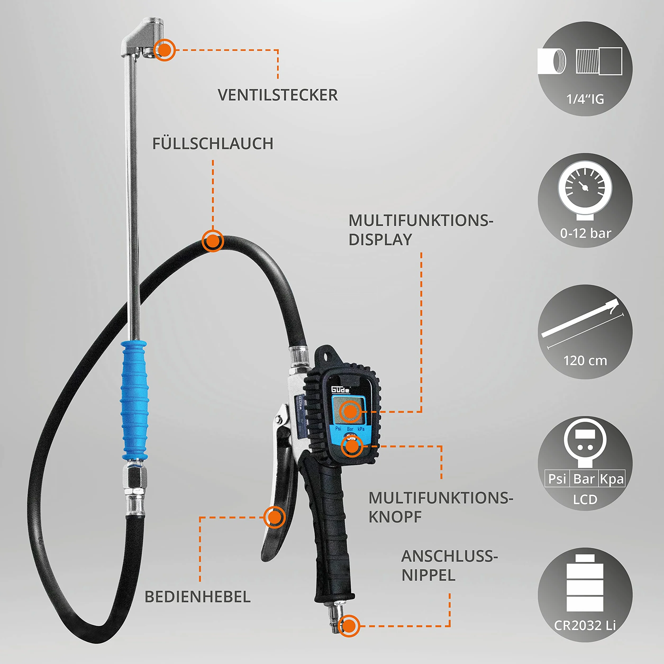 Güde V12 PRO cyfrowy pistolet do pompowania opon (wielofunkcyjny wyświetlacz, ciśnienie robocze 0-12 bar, precyzyjny zawór spustowy powietrza, kalibracja, wtyczka zaworu Michelin, do pomiarów i