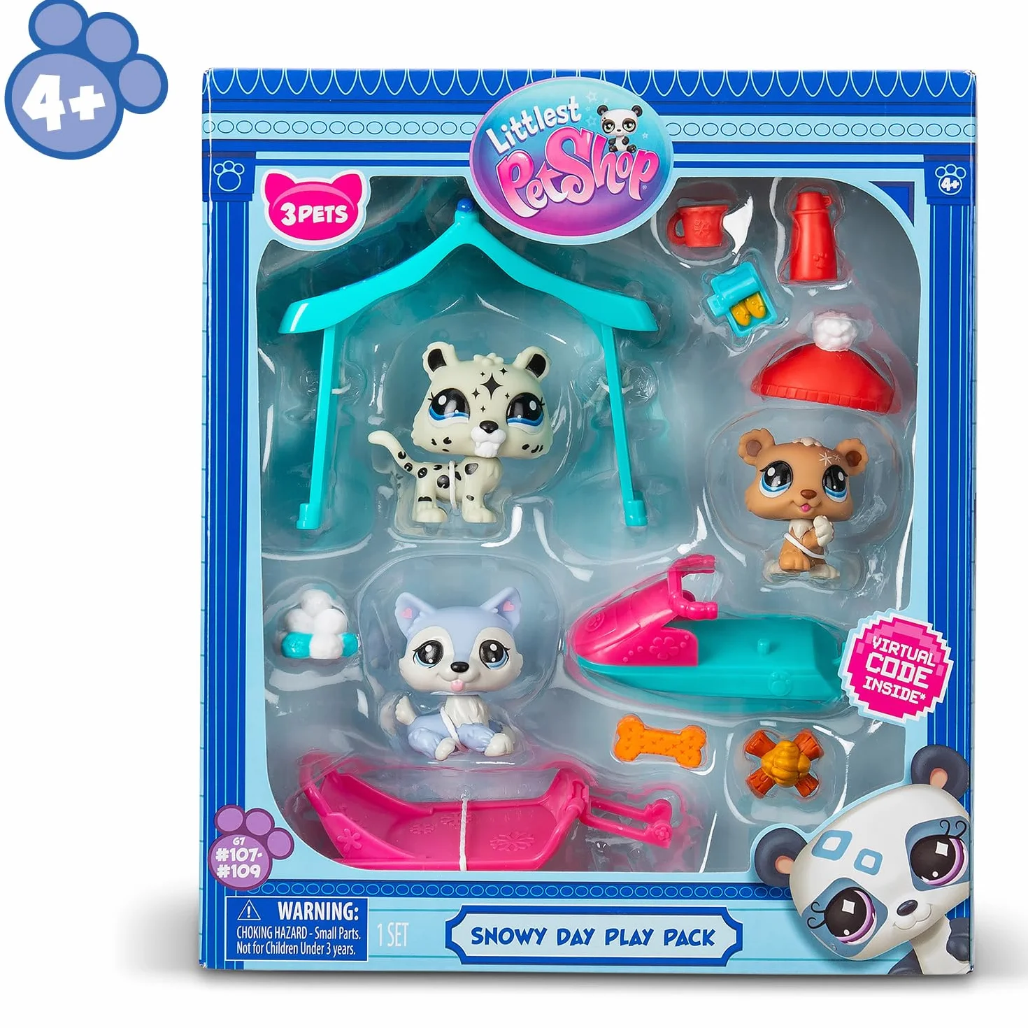 Littlest Pet Shop Series 2 Snowy Day Play Pack, opakowanie zawiera 3 mini zabawki dla zwierząt domowych LPS, 6 akcesoriów, 1 kartę kolekcjonerską i 1 wirtualny kod, zabawki kolekcjonerskie dla