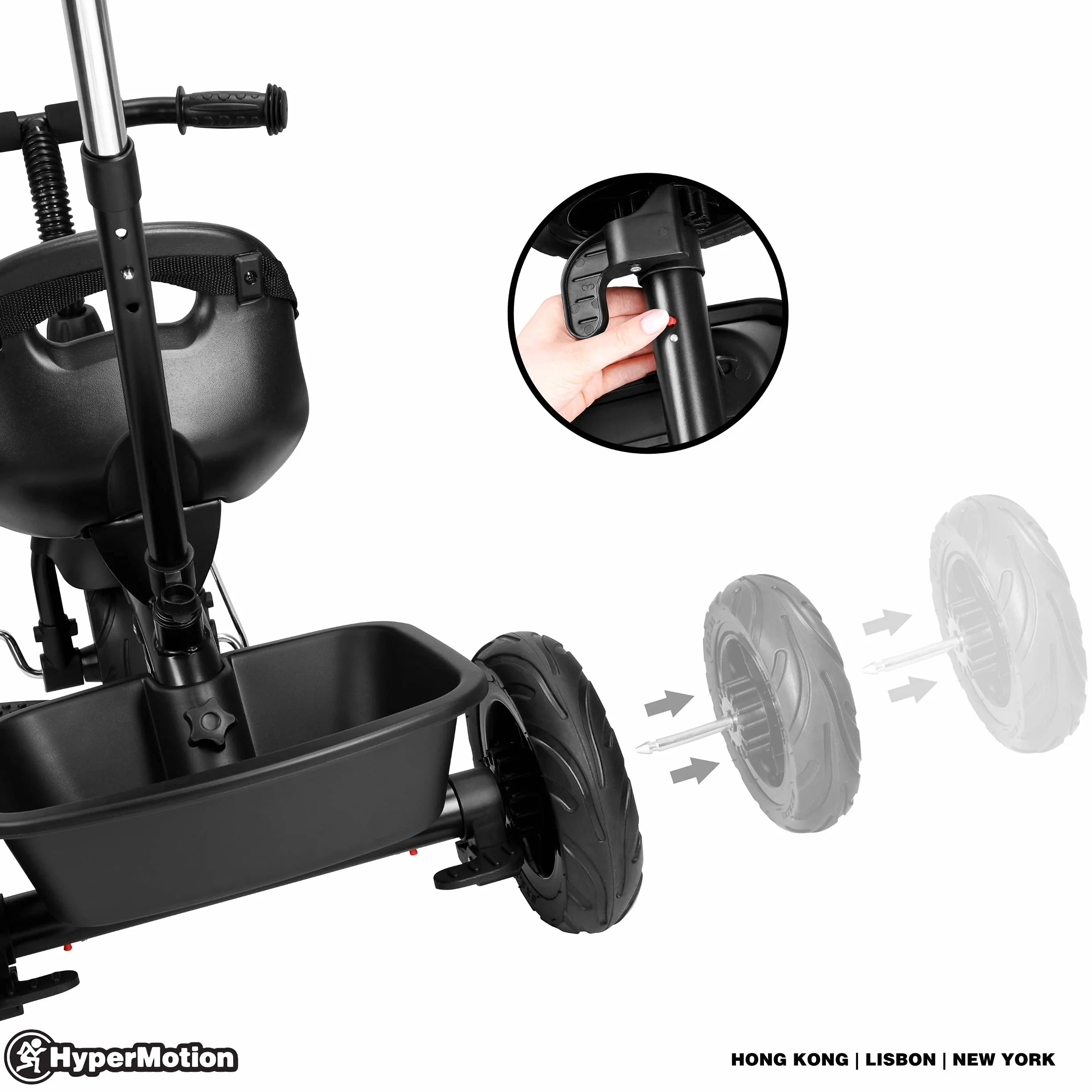 HyperMotion, Rowerek Trójkołowy dla Dzieci z Rączką dla Rodzica TOBI VECTOR, Wiek 1-4 Lata, Waga do 20 kg, Koła Wiecznie Napompowane, Lekki, Koszyk na Zabawki, Czarny