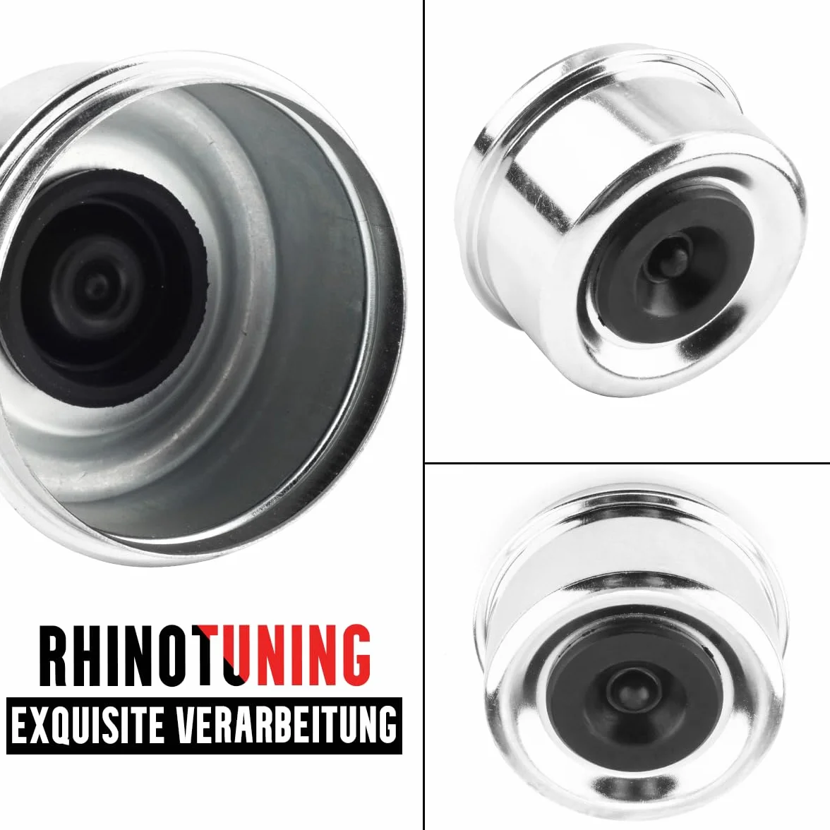 RhinoTuning Zestaw 2 zaślepek przeciwpyłowych, 62 mm, średnica 68 mm, ID 62 mm, kołpaki ochronne na koła, kompatybilne z samochodami ciężarowymi/przyczepami/łodziami (chromowane, z korkami)