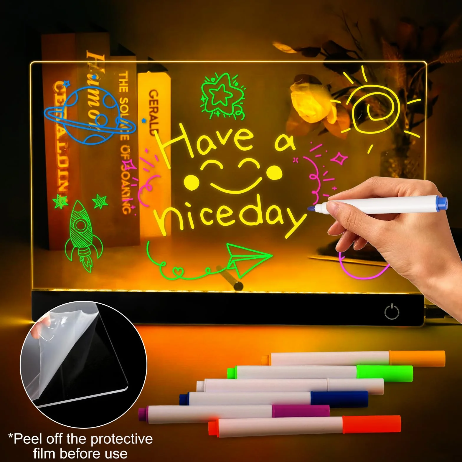Akrylowa tablica LED, 30 x 20 cm Tablet do rysowania, wyświetlacz LED, zawiera 7 markerów dla dzieci, dekoracje biurowe i wakacyjne.
