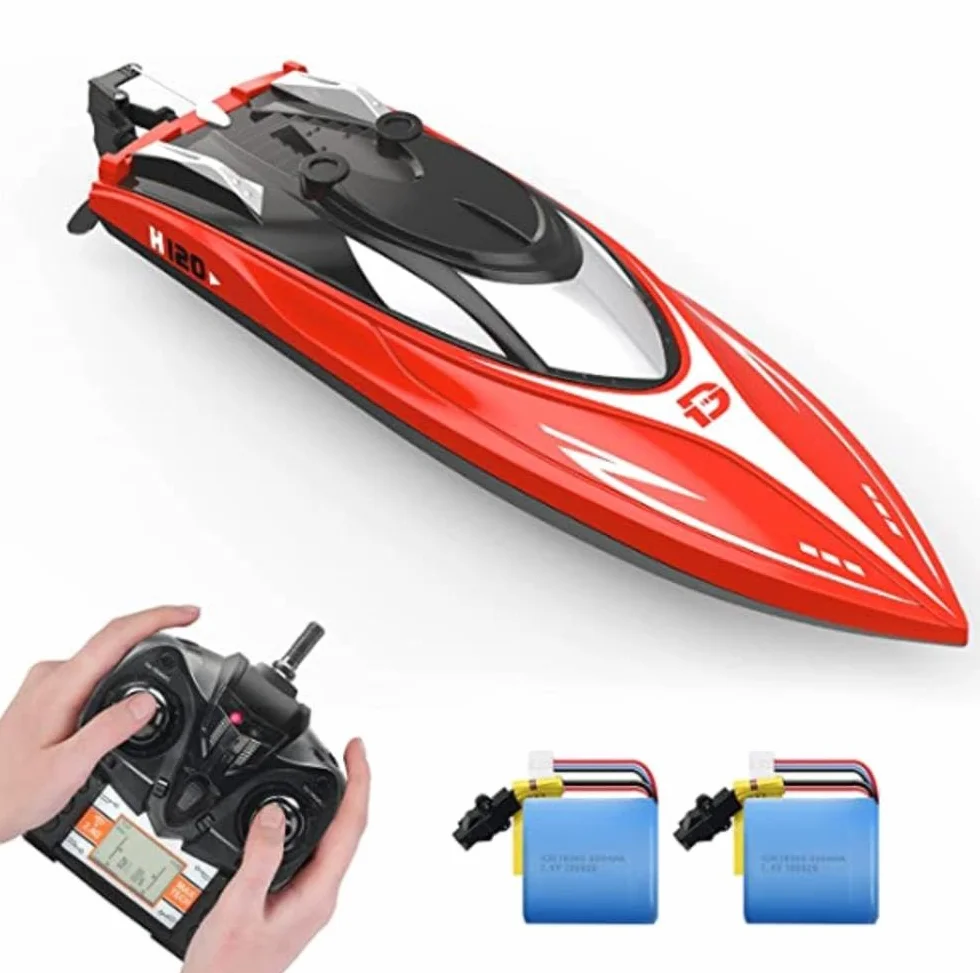 DEERC H120 zdalnie sterowana łódź do basenu i jeziora, 2,4 GHz, 20 MPH, dla dzieci i dorosłych, z 2 akumulatorami do ponownego ładowania, ostrzeżenie o niskim poziomie baterii, powrót do wywrócenia