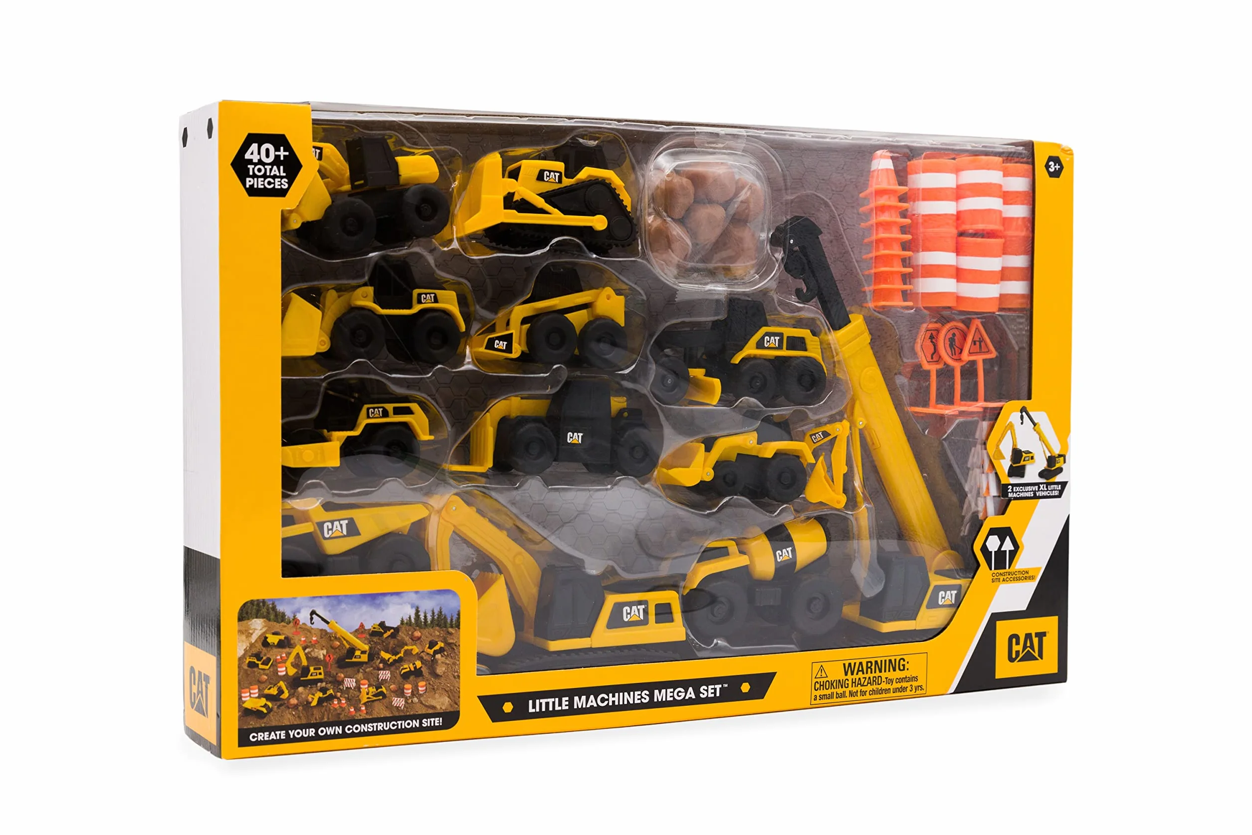 CAT® Construction Little Machines Mega zestaw I z 40 częściami zawiera pojazdy, dźwig, znaki drogowe, stożki, głazy i beczki I Dla dzieci w wieku 3+, żółty