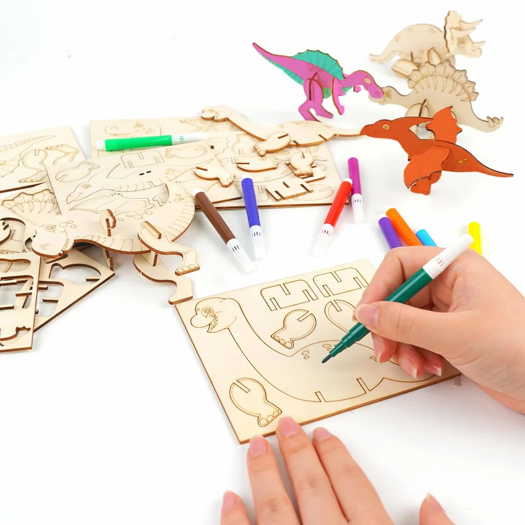 Drewniany zestaw dinozaurów 12 sztuk - DIY 3D Zestaw do malowania i malowania dla dzieci - Kreatywne rękodzieło Prezent urodzinowy