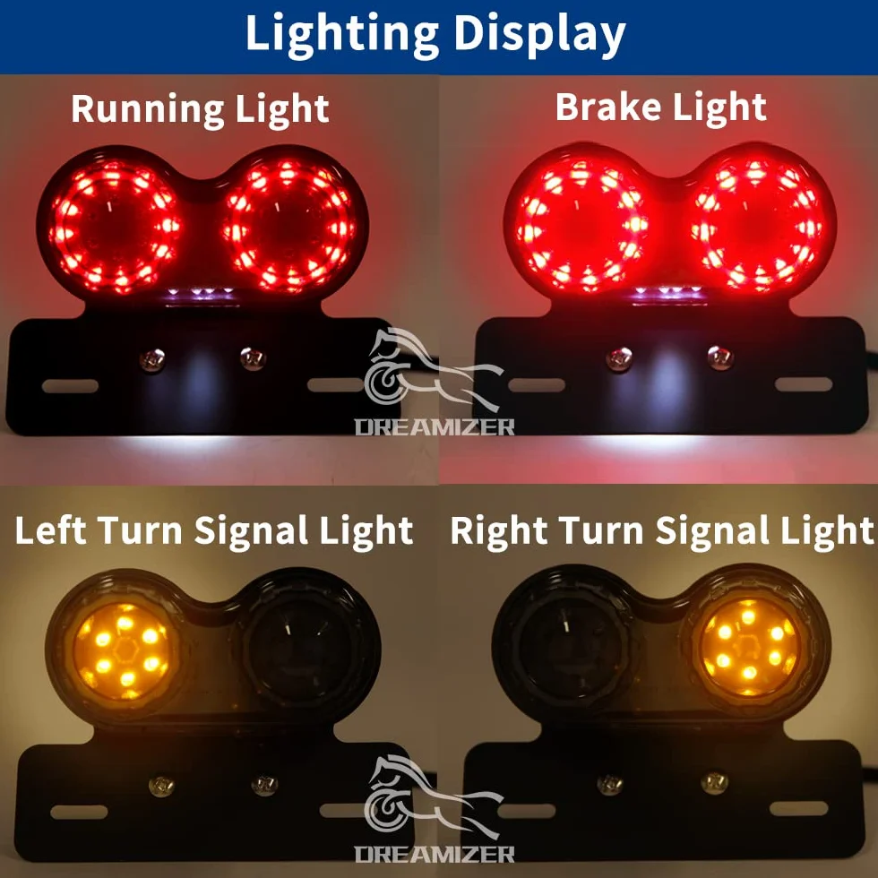 DREAMIZER Uniwersalne 40 diod LED, podwójne tylne światło hamowania, kierunkowskazy kierunkowskazów, lampa do biegania z uchwytem tablicy rejestracyjnej, do niestandardowego roweru ulicznego, crossowego, choppera, (dym)