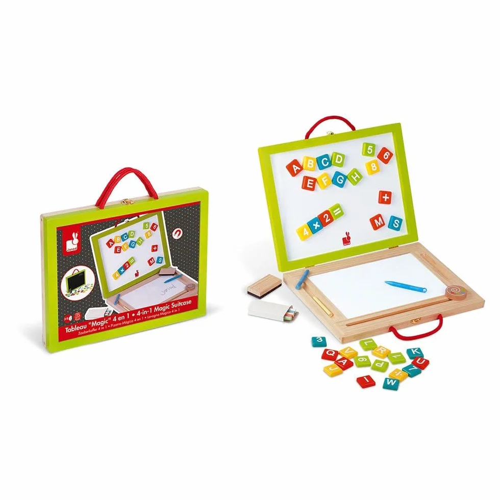 Janod - Children's Wooden 4-In-1 Board - Multi-Activity Magic Slate - Accessories and 42 Magnets Included - Learning to Read and Write - from 3 Years Old, J05014