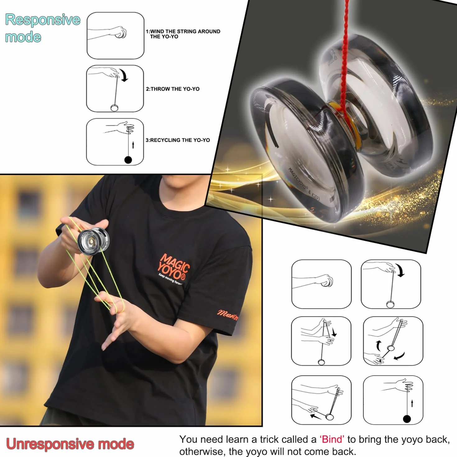 MAGICYOYO K2 Yoyo dla początkujących dzieci, responsywny Yoyos Pro z niereaktywnym zestawem łożysk, końcówki do obracania palcami, Yo Yo Ball z 12 strunami Yoyo, czarny