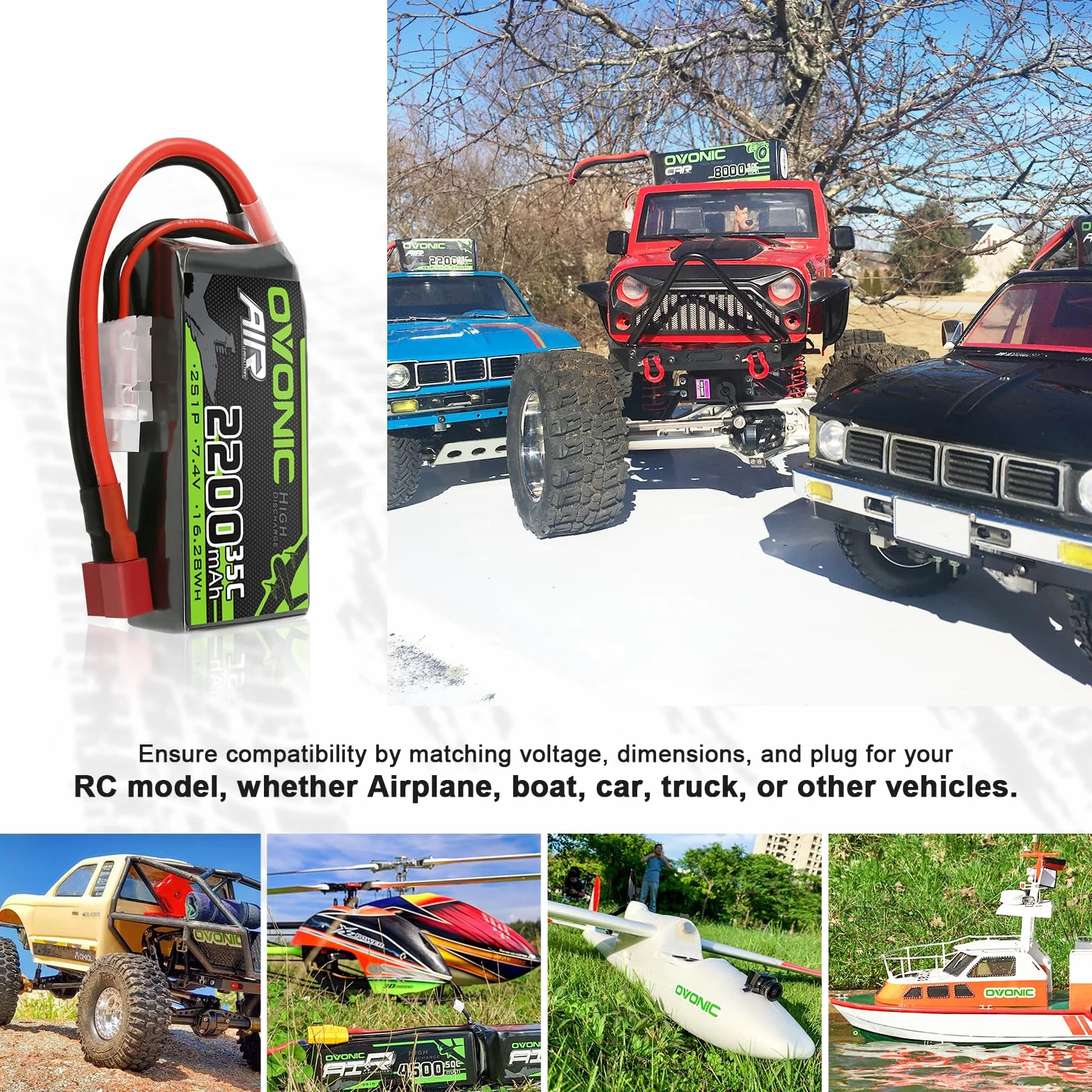 OVONIC Lipo akumulator 2s 35C 2200 mAh 7,4 V akumulator Short Pack z wtyczką Deans do helikoptera samolotowego, specjalnie do samolotów 1:14 RC Car RC (2 sztuki)