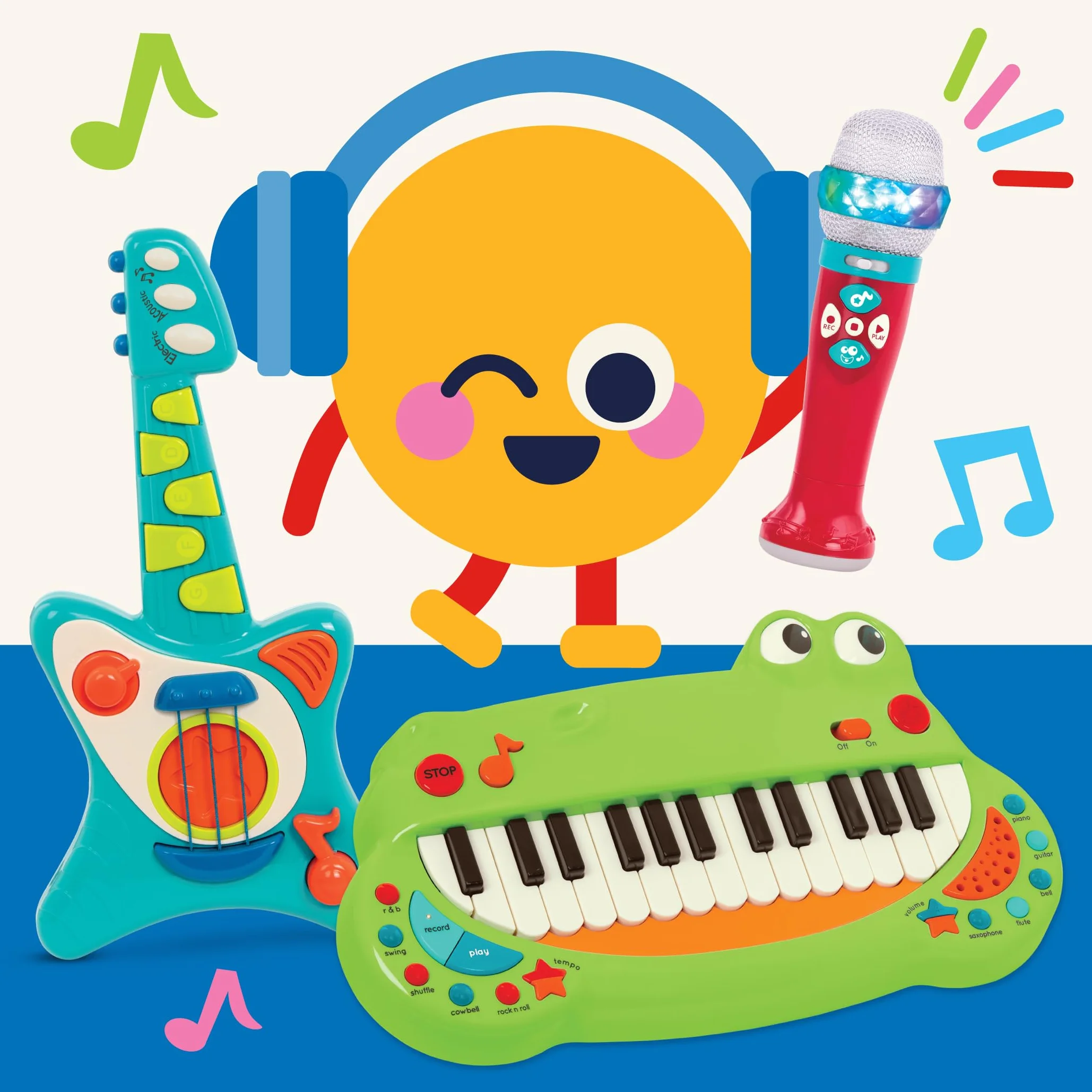 Battat BT4680Z krokodyl zabawka dla małych dzieci, muzyczne dzieci, pianino z 5 ustawieniami instrumentów - 2 lata +, zielona