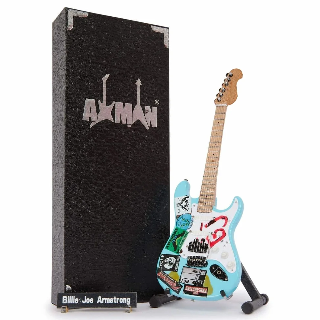 Billie Joe Armstrong - miniaturowa replika gitary - prezenty muzyczne - ręcznie robiona ozdobna skala 1/4 - zawiera pudełko ekspozycyjne, plakietkę z imieniem i miniaturowy stojak na gitarę