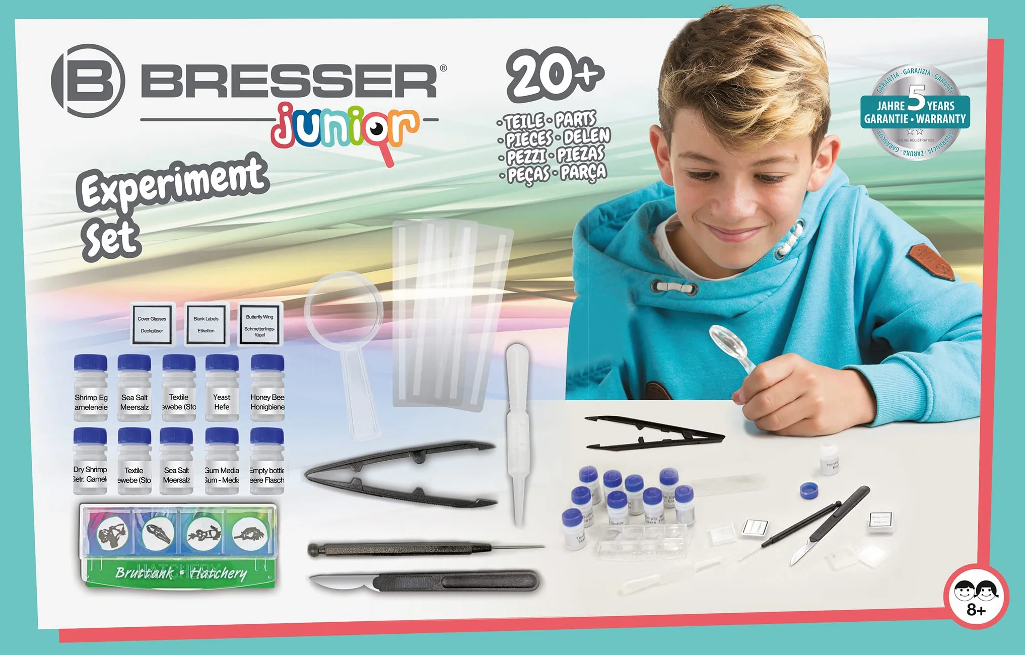 Bresser Junior zestaw eksperymentalny do rozpoczęcia mikroskopii, ze szklankami do obiektów, lupą, sztućcami do mikroskopii, wylęgiem krewetek i różnymi preparatami