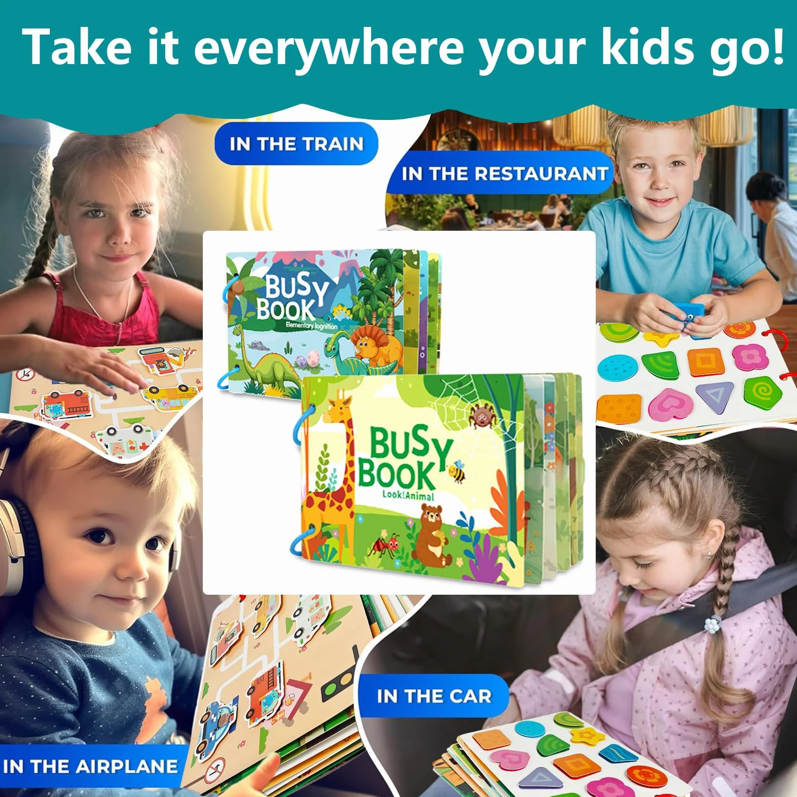 2PC Montessori Busy Book dla dzieci 1 2 3 4 5 lat, Quiet Book, książka z ćwiczeniami do nauki zwierząt, kolory, kształty, owoce, warzywa, pojazdy, żywność i dinozaury