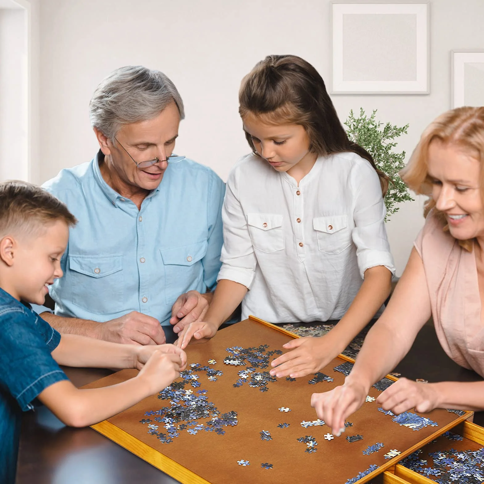 GOPLUS Drewniany stół do puzzli, stół z 4 szufladami, system przechowywania puzzli na 1000-1500 sztuk, podkładka do puzzli z równą powierzchnią roboczą, mata do puzzli, 80 x 65 cm