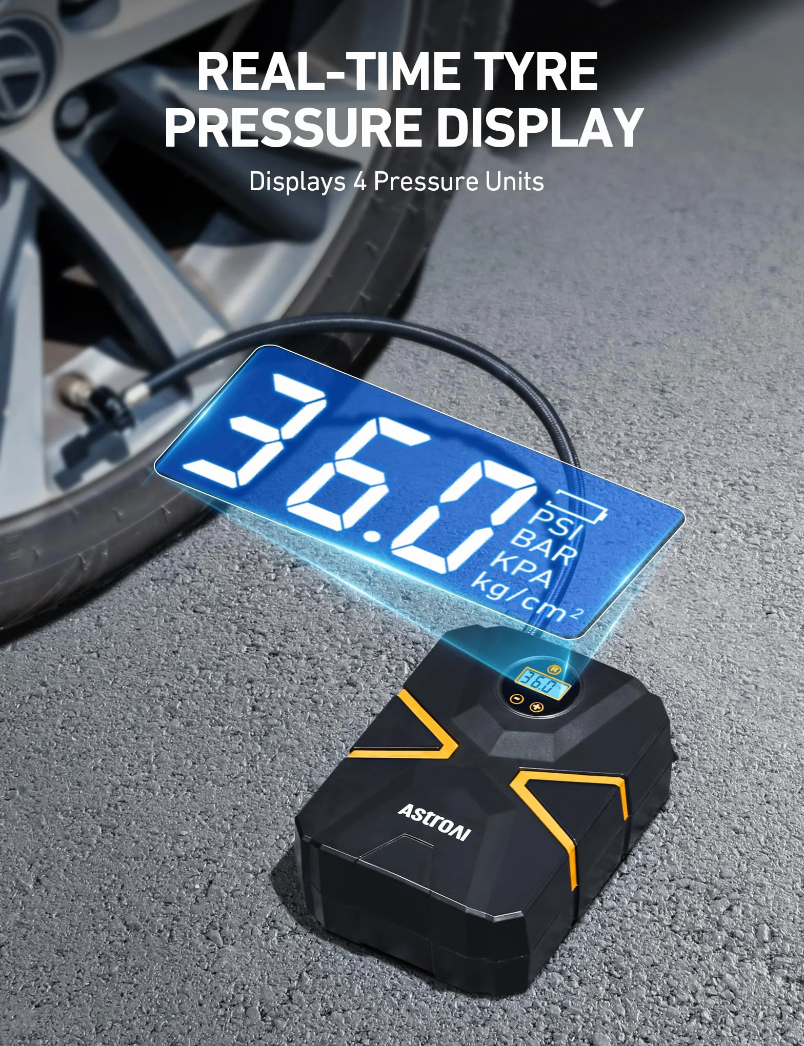 AstroAI Sprężarka do opon samochodowych, pompa powietrza 10,3 bar, 12 V DC, z wyświetlaczem LCD w czasie rzeczywistym, wstępnie ustawione ciśnienie w oponach, automatyczne wyłączanie, sprężarka