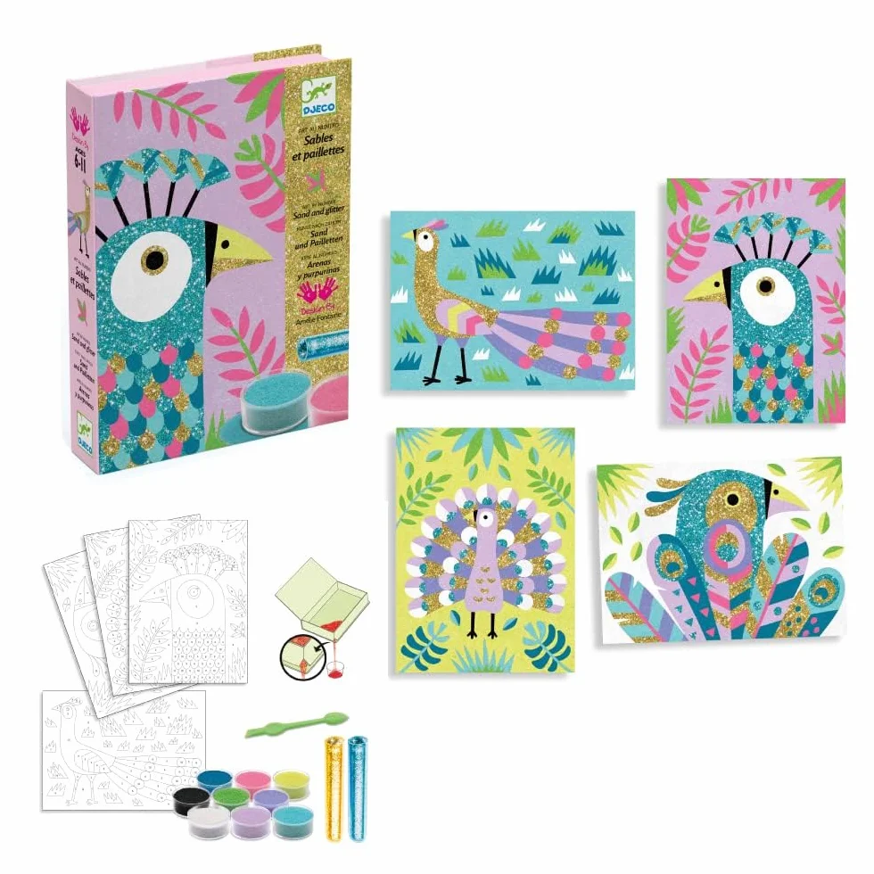 Djeco DJ08663 kreatywny zestaw obrazów z piaskiem Dazzling Birds z brokatowym piaskiem, 6 lat+, wielokolorowy