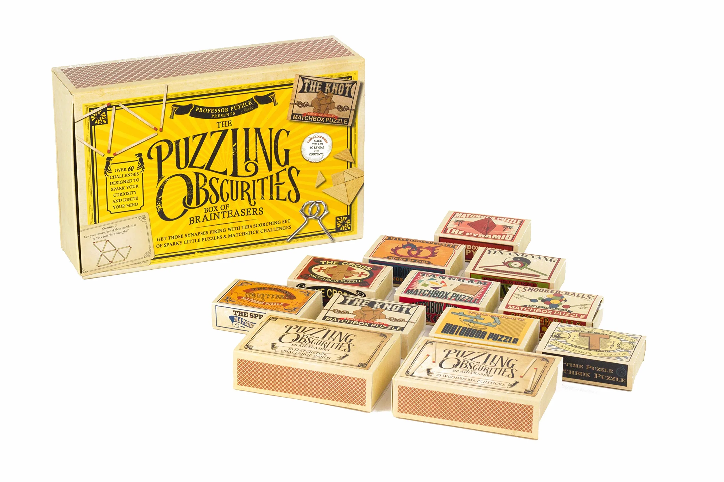 Professor Puzzle, Puzzling Obscurities Box of Brainteasers - 10 unikalnych puzzli z pudełkiem zapałek i 50 unikalnych wyzwań związanych z dokuczaniem mózgu