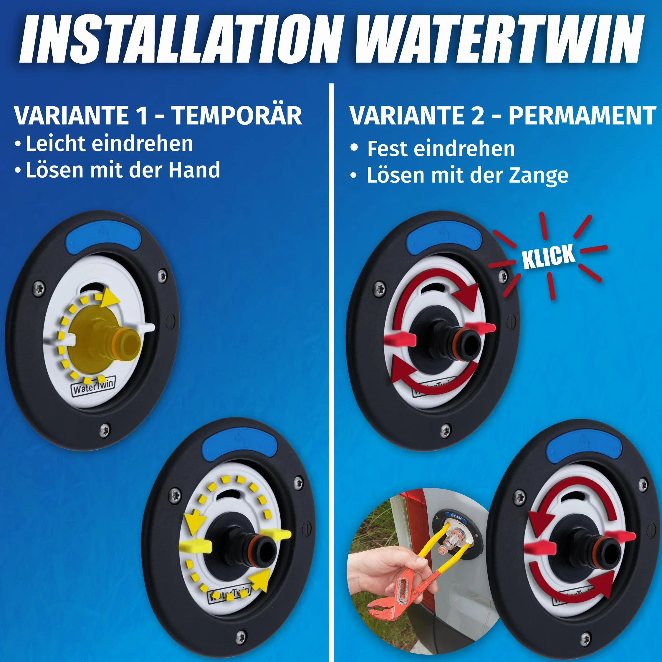 MaJoCompTec® WATERTWIN Adapter do pokrywy zbiornika na wodę z przyłączem wodnym | Adapter do pokrywy zbiornika na wodę do króćca napełniania | Akcesoria do samochodów kempingowych (wersja FLEX +