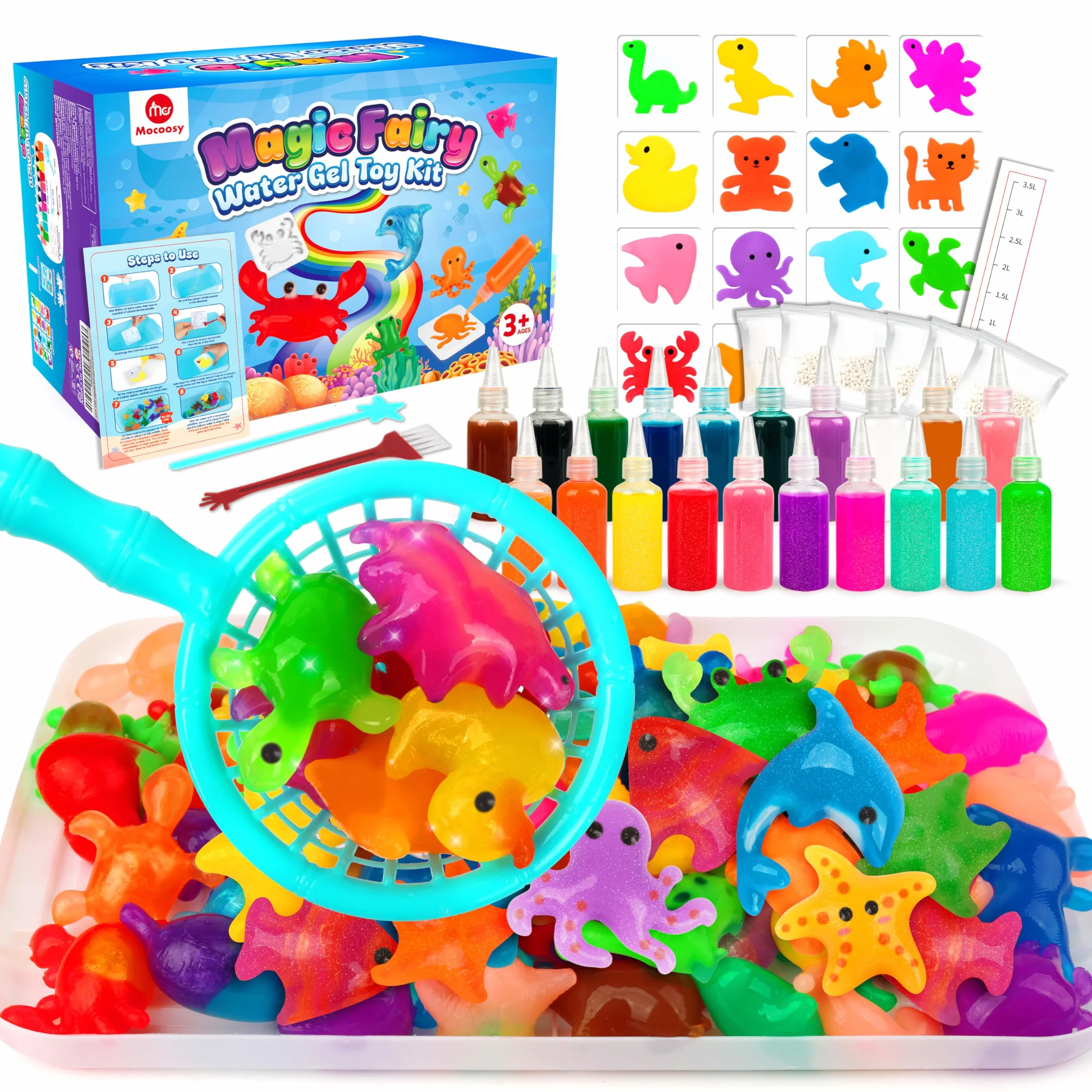 Mocoosy 20 kolorów Zestaw magicznych zabawek z elfem wodnym, kreatywny magiczny żel wodny 3D, zestaw do żelu wodnego Aqua Fairy z 20 magicznymi żelami i 16 kształtami, prezenty dla dzieci w wieku 3