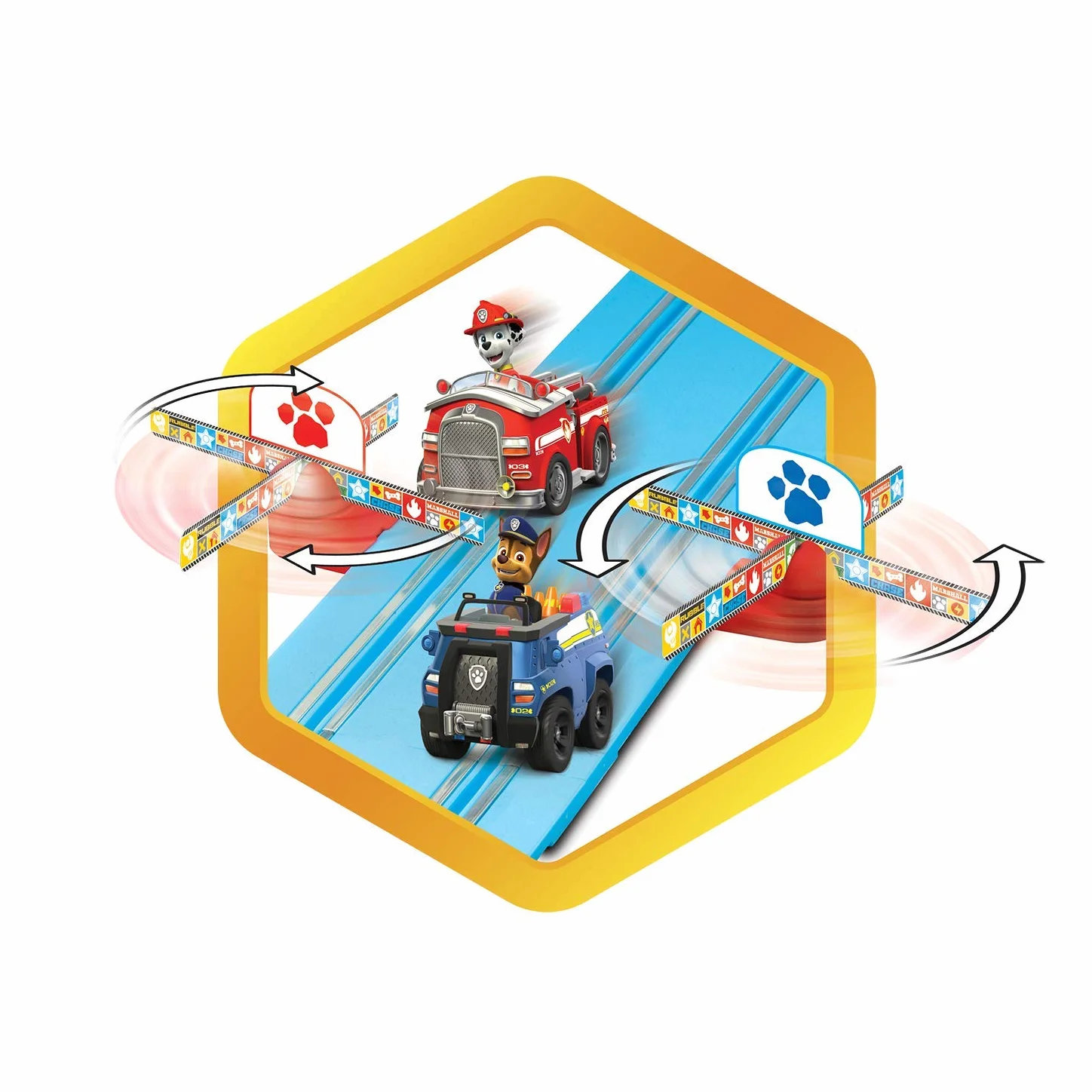 Carrera 20063033 Carrera First Psi Patrol na torze zestaw 2,4 m torów wyścigowych 2 zdalnie sterowane pojazdy z Chasem i Marshallem kontroler ręczny i elementy trasy zabawka dla dzieci od 3 lat