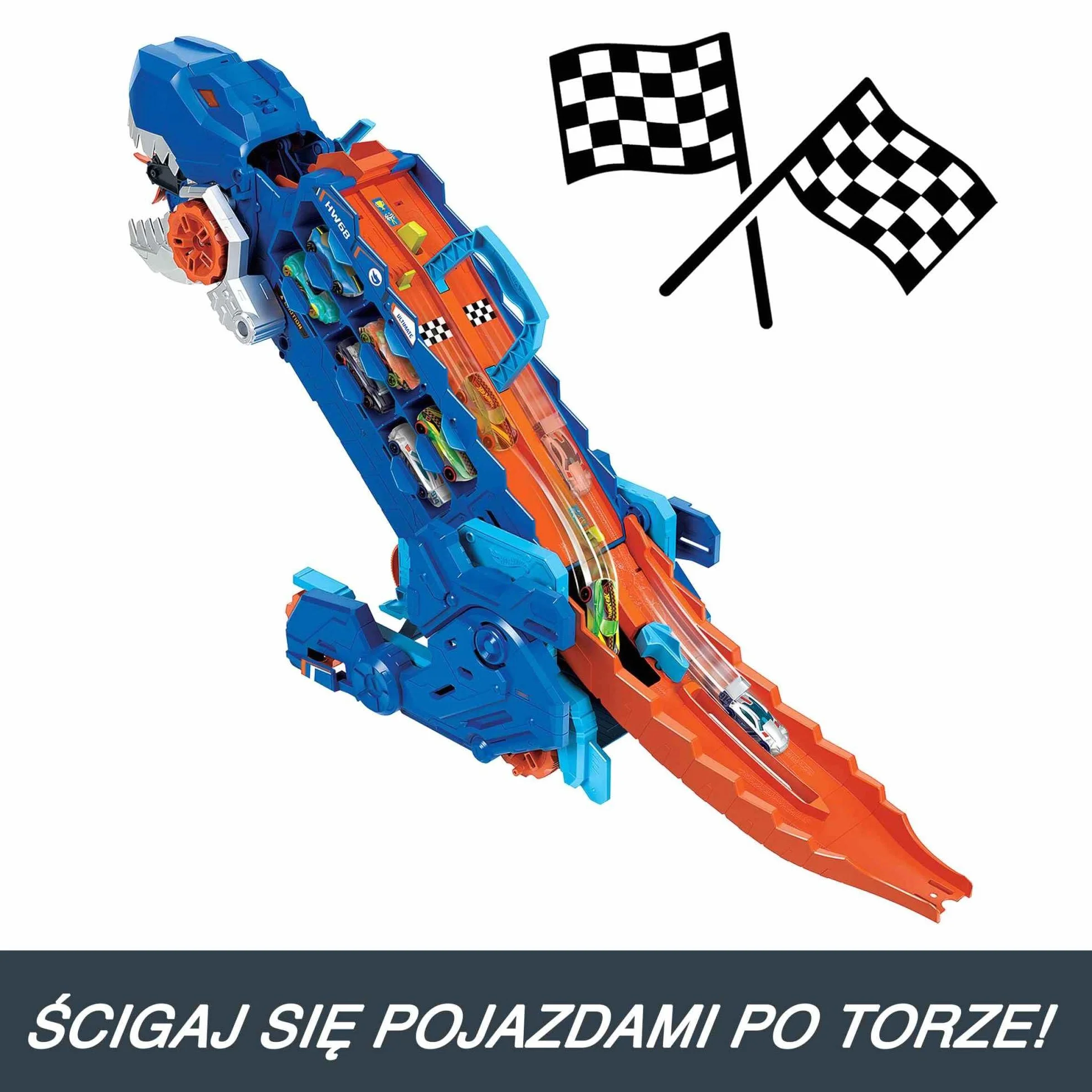 Hot Wheels City Toy Car Track Set, Ultimate T-Rex Transporter, Hauler Transforms into Stomping Dino with Race Track, From Netflix Series “Let’s Race”, HNG50