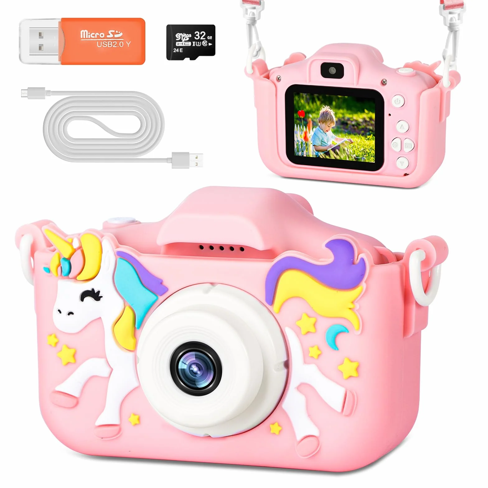 48-megapikselowy Aparat dla Dzieci, 2,0-calowy Ekran 1080P z Kartą SD, 32 GB Cyfrowy Aparat do Selfie dla Chłopców i Dziewczynek w wieku 2-12 lat, Zabawka na Prezent Urodzinowy (Różowy)