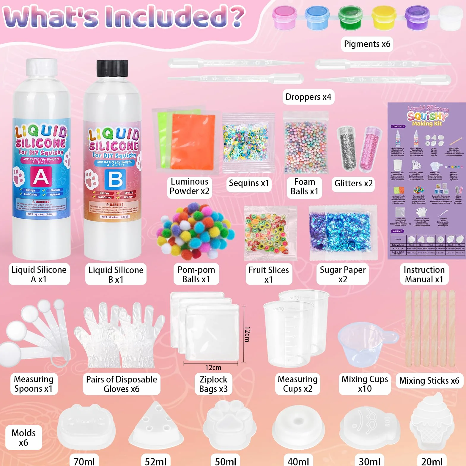 Highttoy Zestaw do tworzenia świecących w ciemności zabawek Squishy, 480ml płynnego silikonu AB o proporcjach mieszania 1:1, 6 opakowań zabawek Squishy z gumy silikonowej